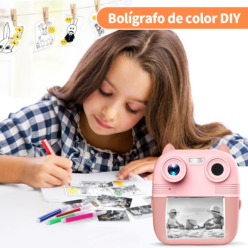 JESWO Cámaras Digitales Instantáneas, Camara Fotos Infantil Instantanea, Cámara para Niños con una batería de 2200 mAh, una Tarjeta SD de 32 GB y Tres Rollos de Papel térmico, es compacta y portátil