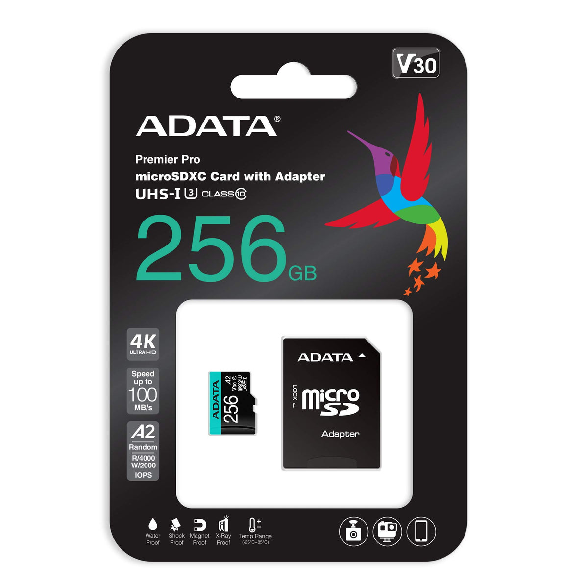 ADATA - Tarjeta de Memoria microSDXC/SDHC UHS-I (256 GB, con Adaptador, C10, U3, V30, 4K, A2, Micro SD, AUSDX256GUI3V30SA2-RA1)