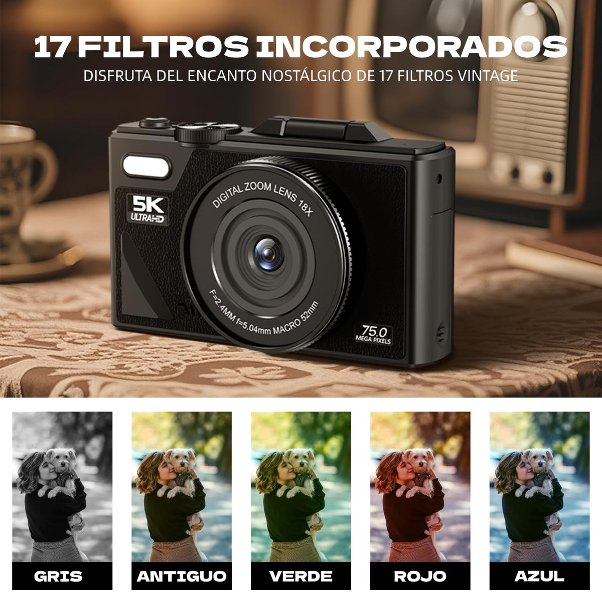kitBEEZ Cámara Digital 5K Retro WiFi de 75 MP, Zoom de 18X, Pantalla Abatible de 3 Pulgadas, Admite Cámaras Web, Cámara Portátil de Viajes con Tarjeta 32GB SD, Negro