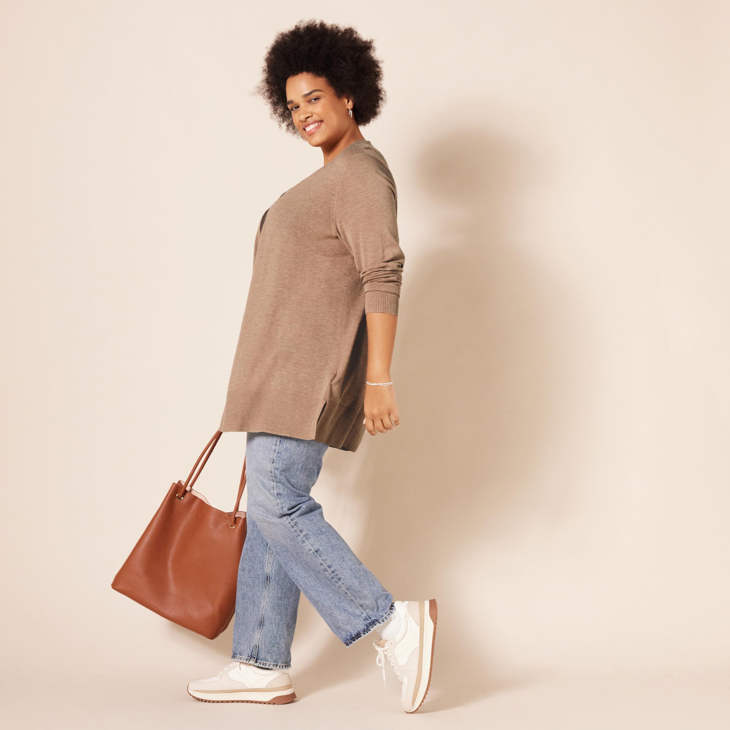 Amazon Essentials - Cárdigan ligero con frente abierto para mujer (disponible en tallas grandes), color camel jaspeado, talla M