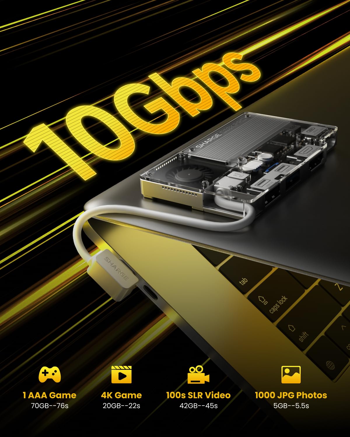 Sharge Disk Pro SSD portátil de 1 TB con refrigeración activa, concentrador de 4 puertos con HDMI 2.1, cable de 10 Gbps, unidad de estado sólido externa magnética para MacBook, PC, consola y más