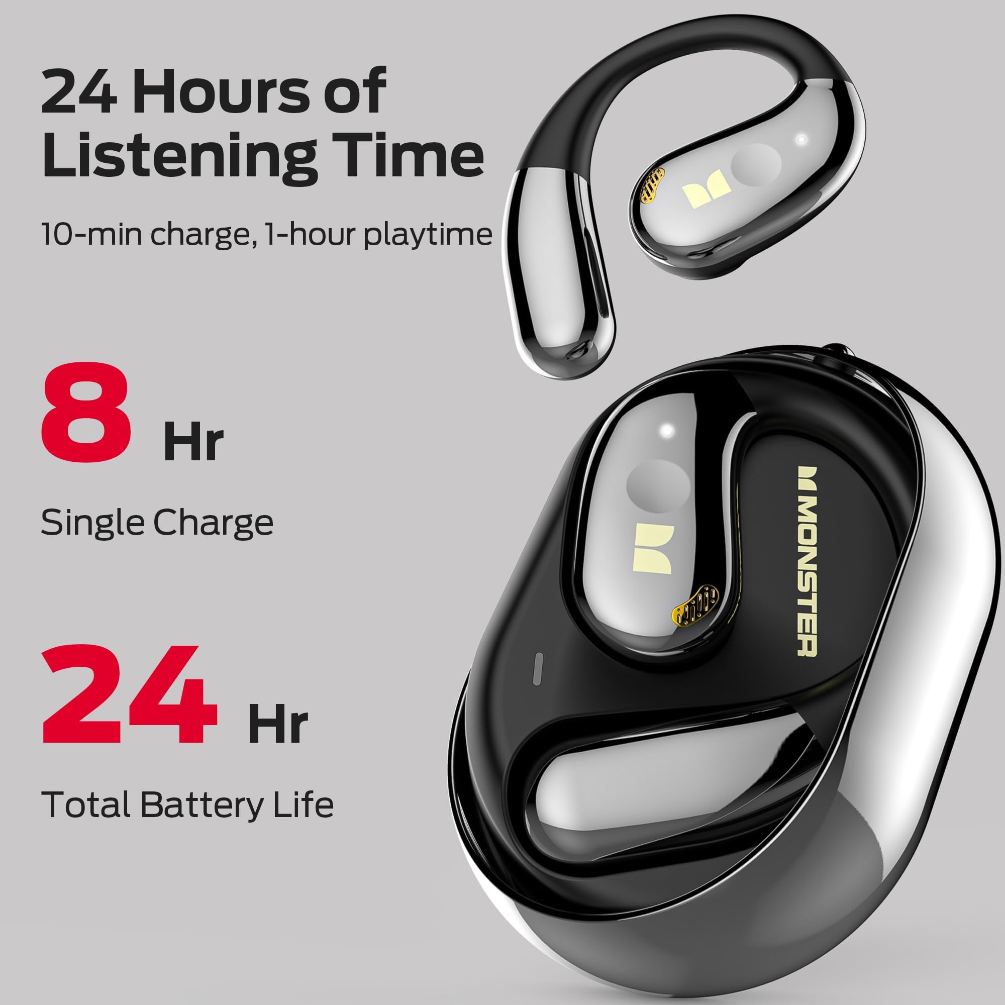 Monster Open Ear AC360 Audífonos, Auriculares Bluetooth Rotativos con Cordón, Bluetooth 6.0 Mejorado, Ultra Cómodos, Llamada Clara, Control Táctil, 24h de Reproducción, Resistente al Agua IPX5, Negro