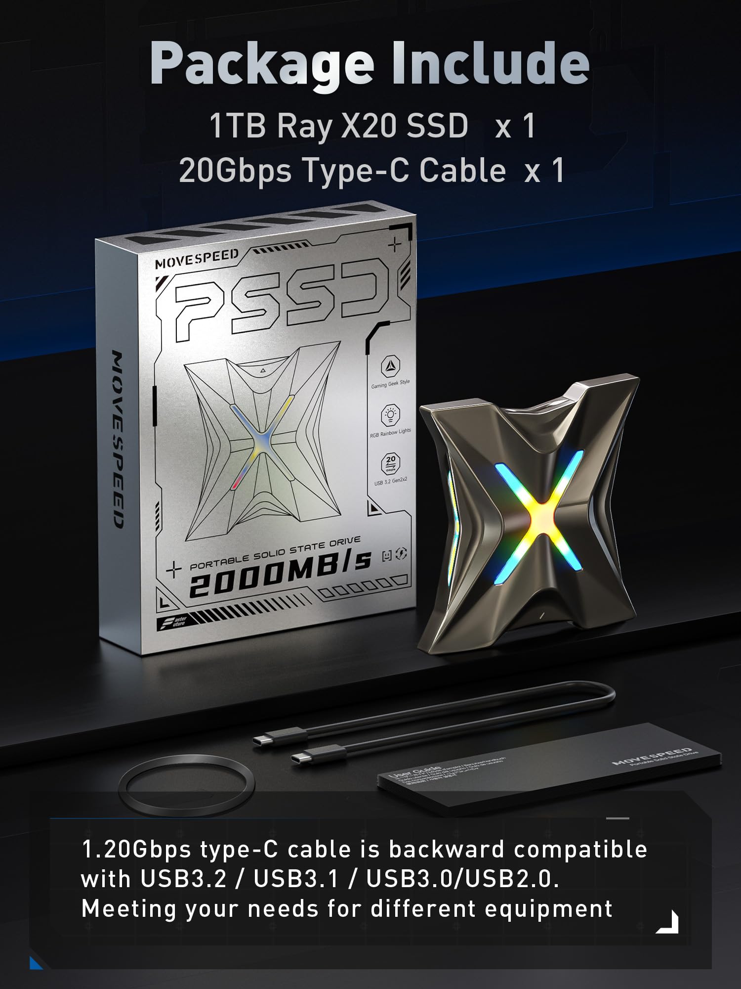 MOVE SPEED SSD externo portátil magnético de 1 TB – 2000 MB/s USB-C 3.2x2, PS5/PC/Smartphone compatible con unidad portátil, almacenamiento compacto y duradero para jugadores y creadores
