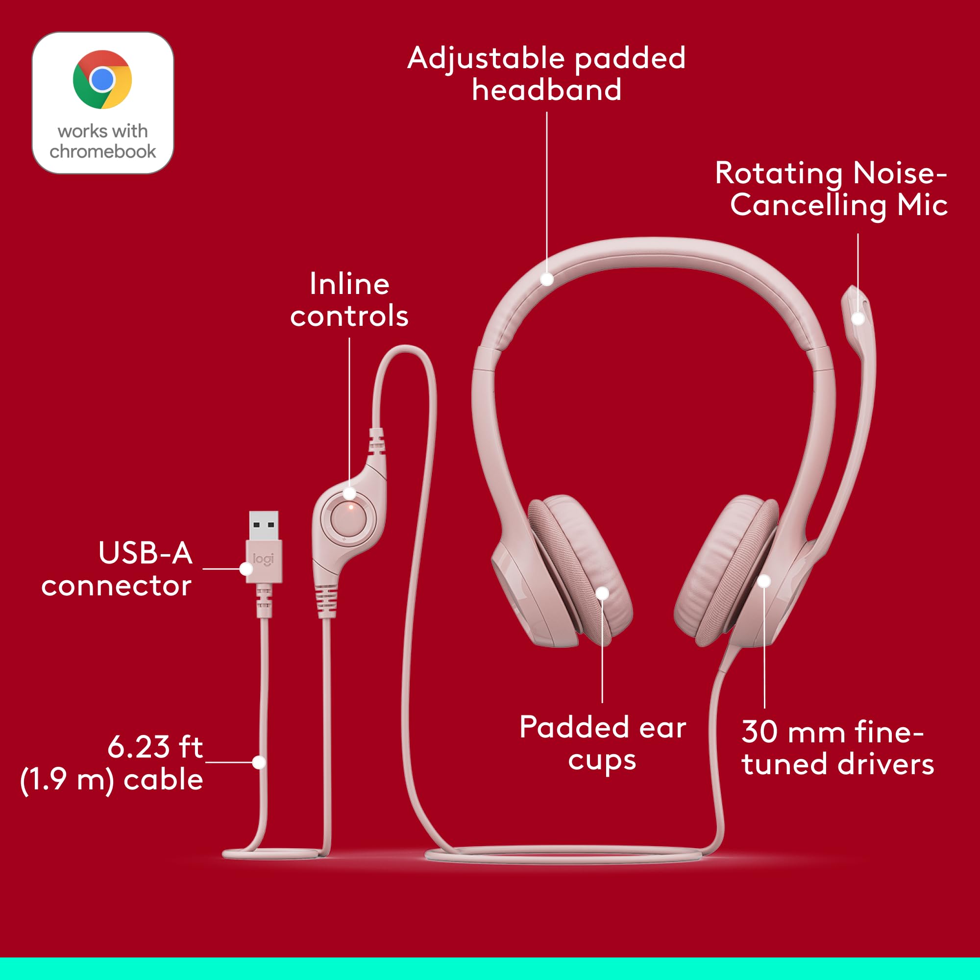 Logitech H390 Headsets con Cable para PC/Laptop, Auriculares estéreo con micrófono y cancelación de Ruido, USB-A, Controles directos, Funciona con Chromebook - Rosa