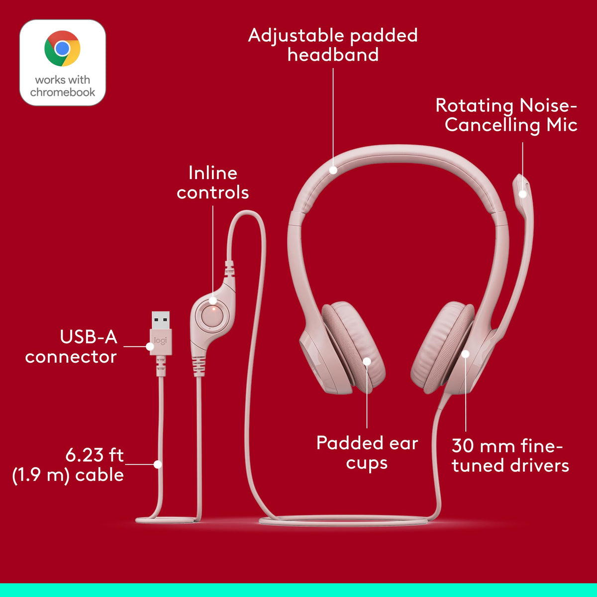 Logitech H390 Headsets con Cable para PC/Laptop, Auriculares estéreo con micrófono y cancelación de Ruido, USB-A, Controles directos, Funciona con Chromebook - Rosa