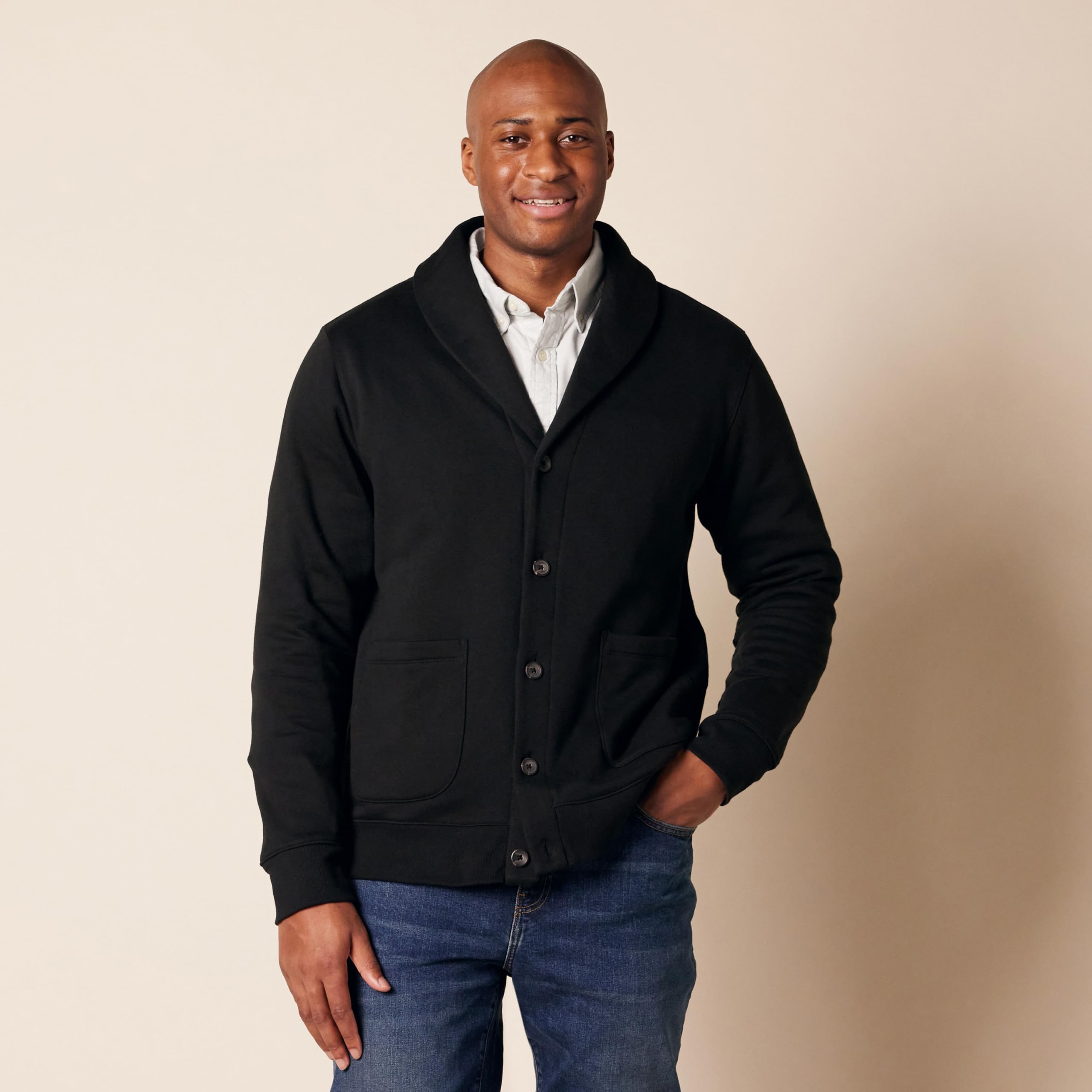 Amazon Essentials - Cárdigan de forro polar de manga larga para hombre, color negro, talla M