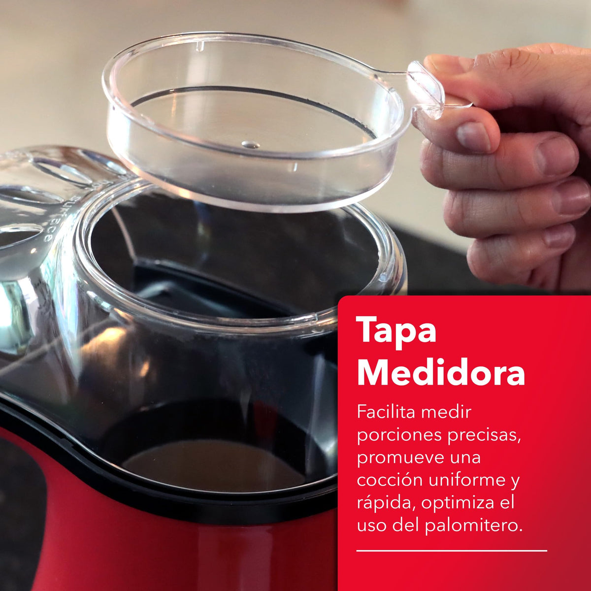 RCA Palomitero RC-1025, Tapa Medidora Incluida Estilo Compacto y Eléctrico, Funciona con Aire Caliente, Capacidad de 70 gr, Luz Indicadora, Ideal para Fiestas y Cine en Casa, Color Rojo y Negro