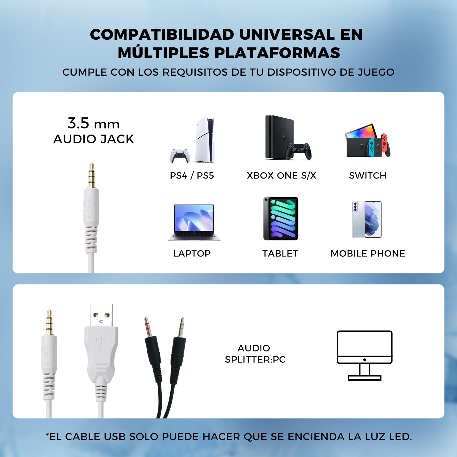 Audífonos de diadema, Audifonos con micronofono, 3.5mm Audio Jack, Almohadillas de espuma viscoelástica para los oídos, Audifonos Alambrico para Nintendo Switch Xbox Series X PS4 PS5 PC Mac, Blanco