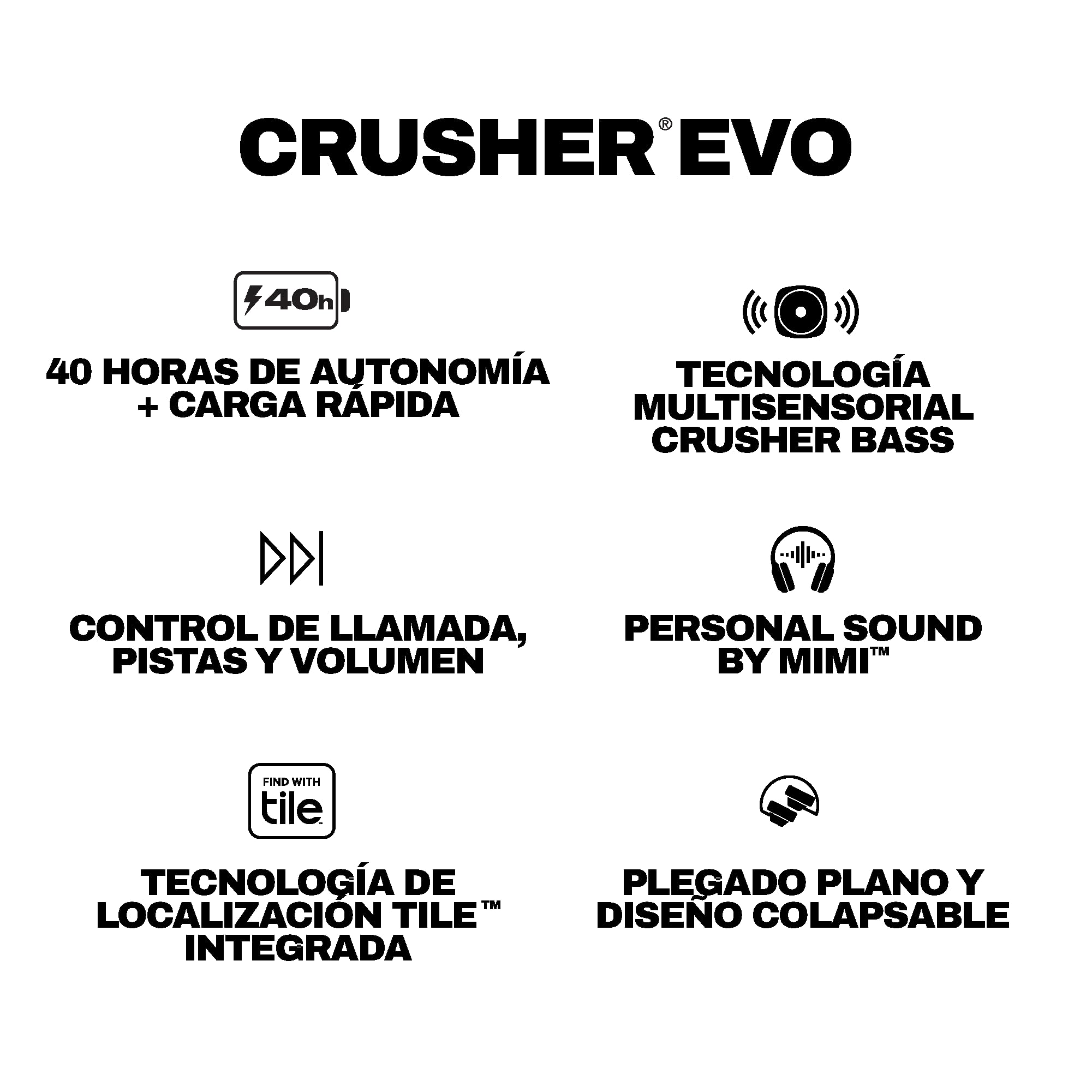 Skullcandy Crusher EVO Cascos Over-Ear Inalámbricos con Sensory Bass, 40 h de Autonomía, Micrófono, Compatibles con iPhone Android y Dispositivos Bluetooth, Negro