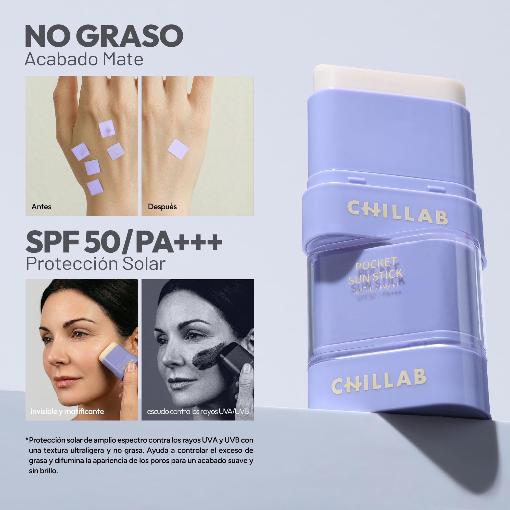 Chillab Pocket Sun Stick SPF 50+ PA++++ Protección Solar Portátil Hidratación y Cuidado de la Piel Ideal para Rostro y Cuerpo Control de Brillo Acabado Mate Textura No Grasa Vegano para Piel Grasa 10g