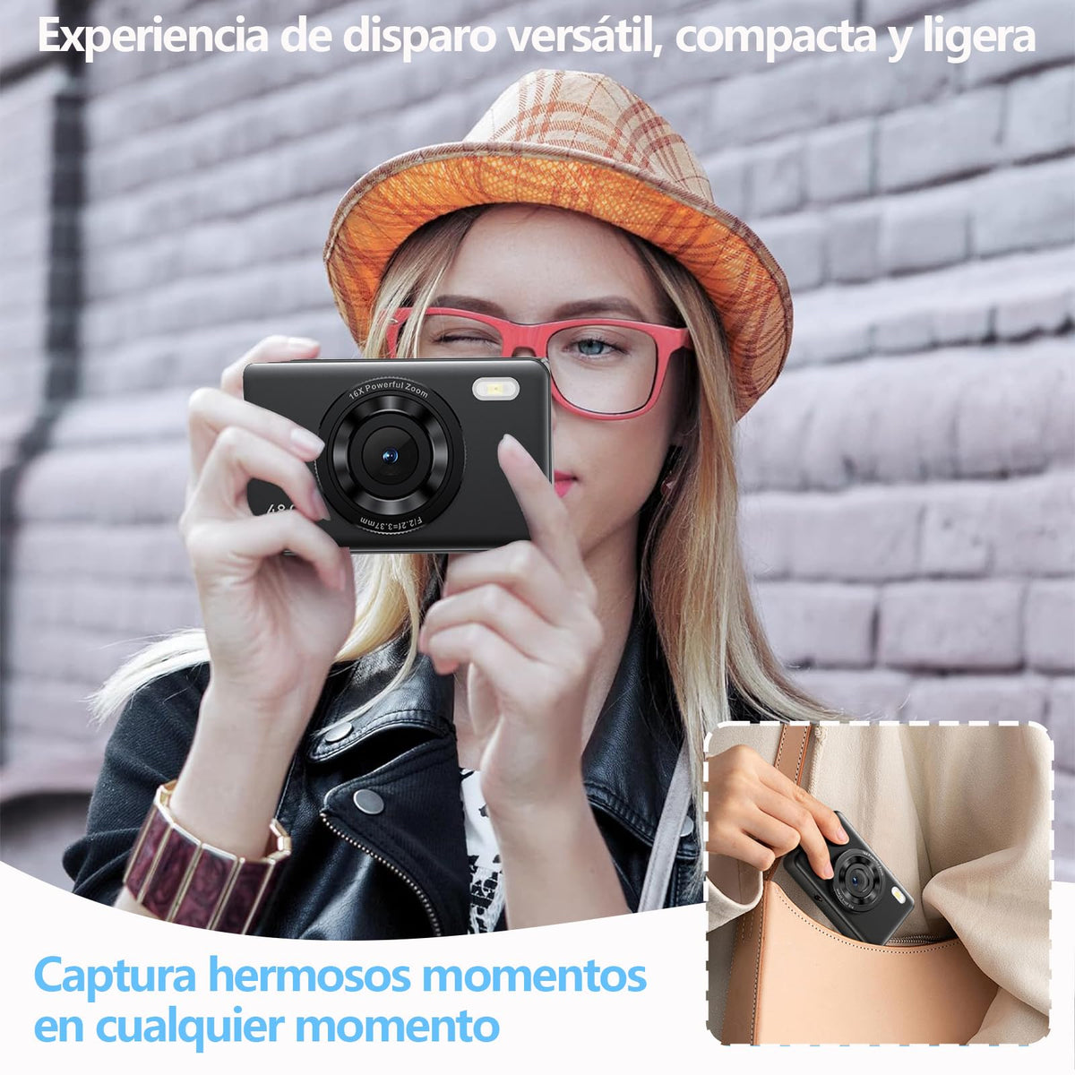 Cámara digital, cámara HD con zoom de 48MP, zoom digital de 16x, pantalla a color IPS de 2,8 pulgadas, antivibración, incluida tarjeta de memoria de 64 GB，transmisión directa OTG al teléfono móvil