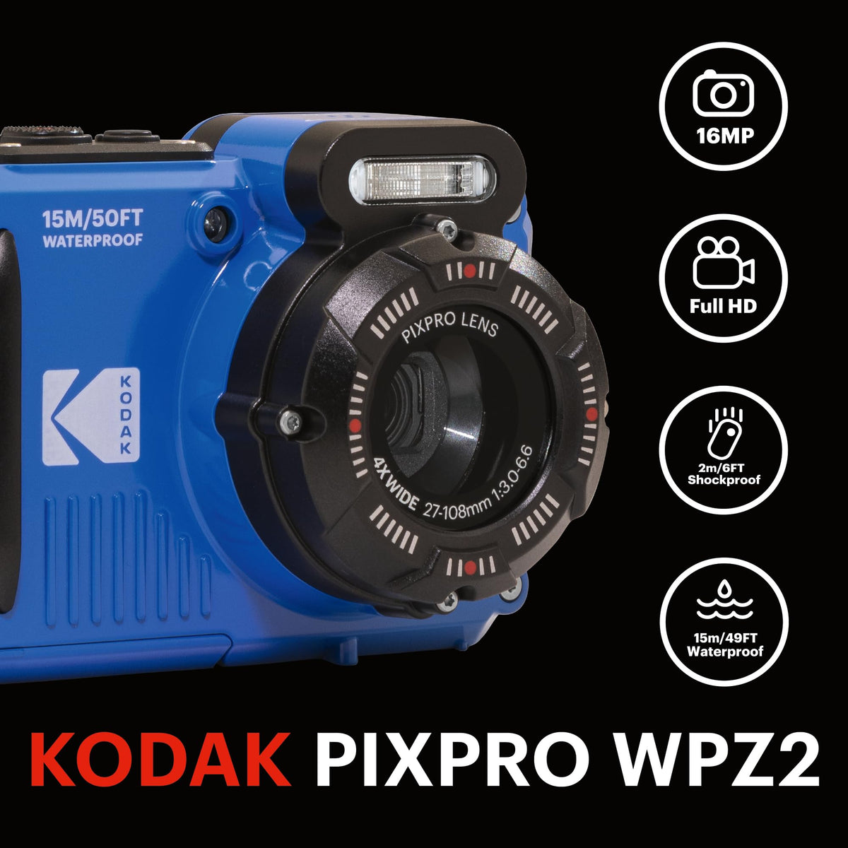 KODAK PIXPRO WPZ2 - Cámara Digital WiFi Resistente al Agua, a Prueba de Polvo, 16 MP, Zoom óptico 4X, 1080P, Full HD, cámara de Video vlogging LCD de 2.7 Pulgadas (Azul)