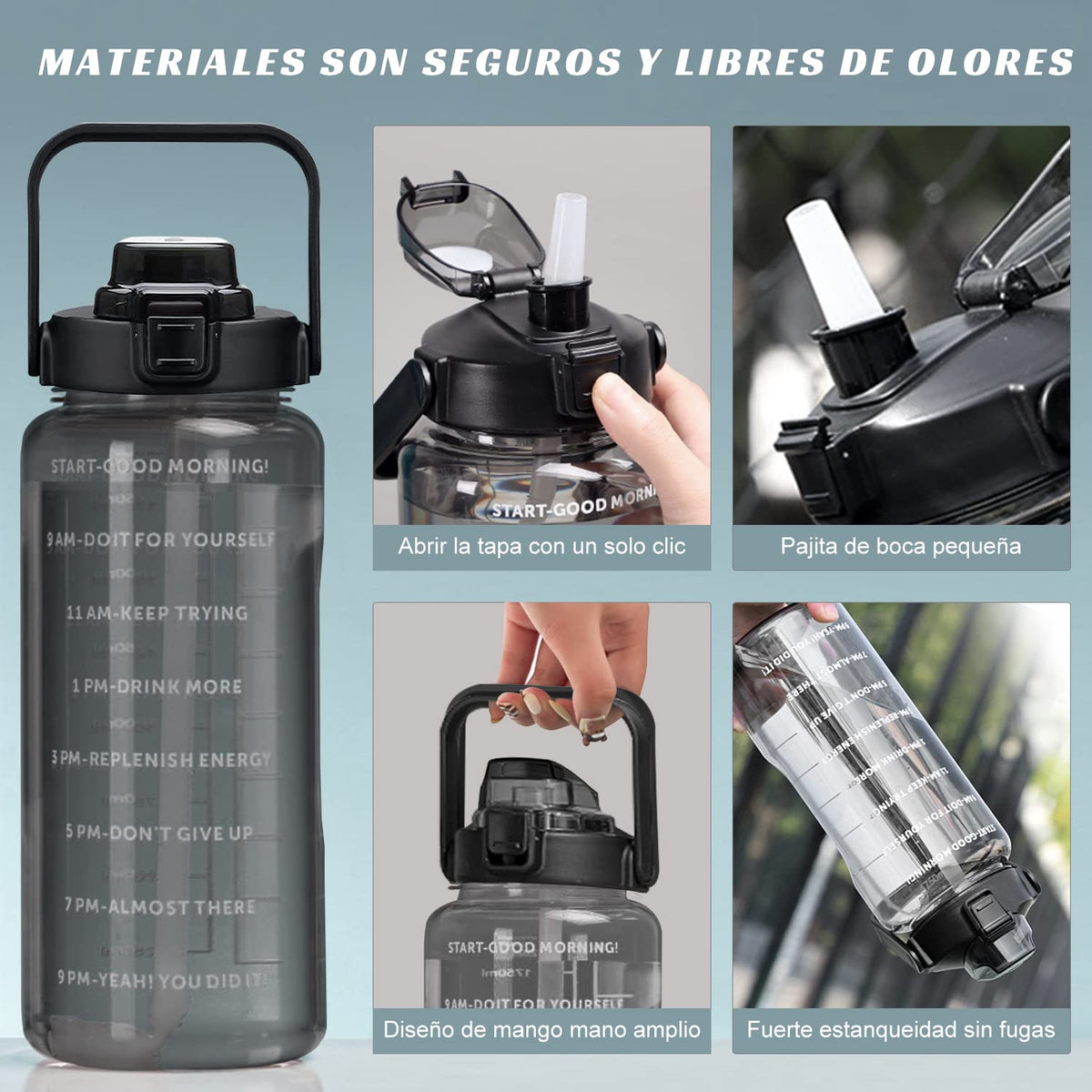 MOYAC Botella Agua con Funda Protectora, Botella de Agua 2 Litros con Pajita, Asa, Correa para el Hombro, Función de Apertura con un Botón, para Fitness, Viajes, Escuela, Oficina (Negro)