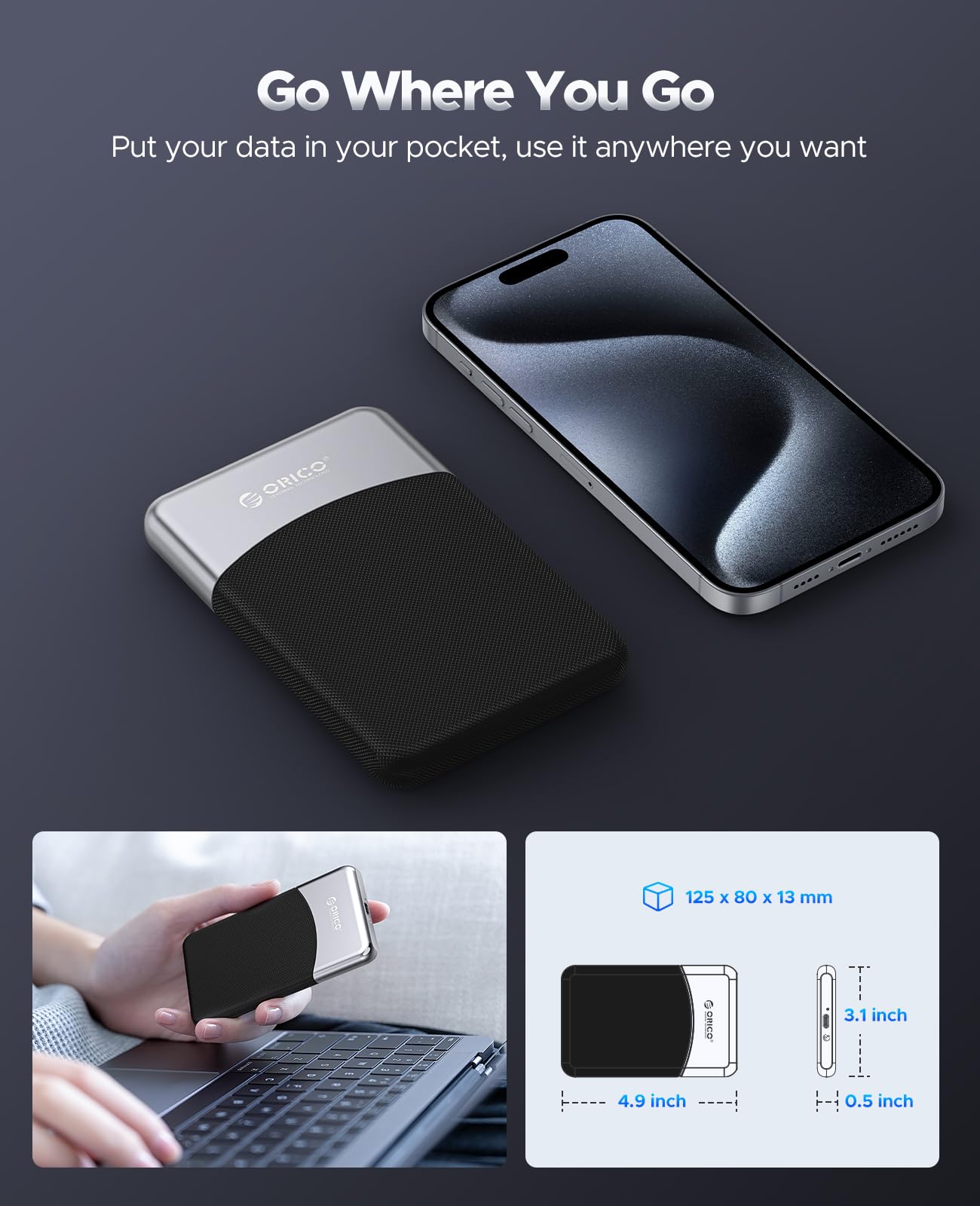 ORICO 512GB SSD externo con cable USB C 2 en 1, unidad de estado sólido portátil USB 3.2 Gen 1 hasta 460MB/s, resistencia al polvo y caídas, almacenamiento confiable para smartphone, PC, tableta