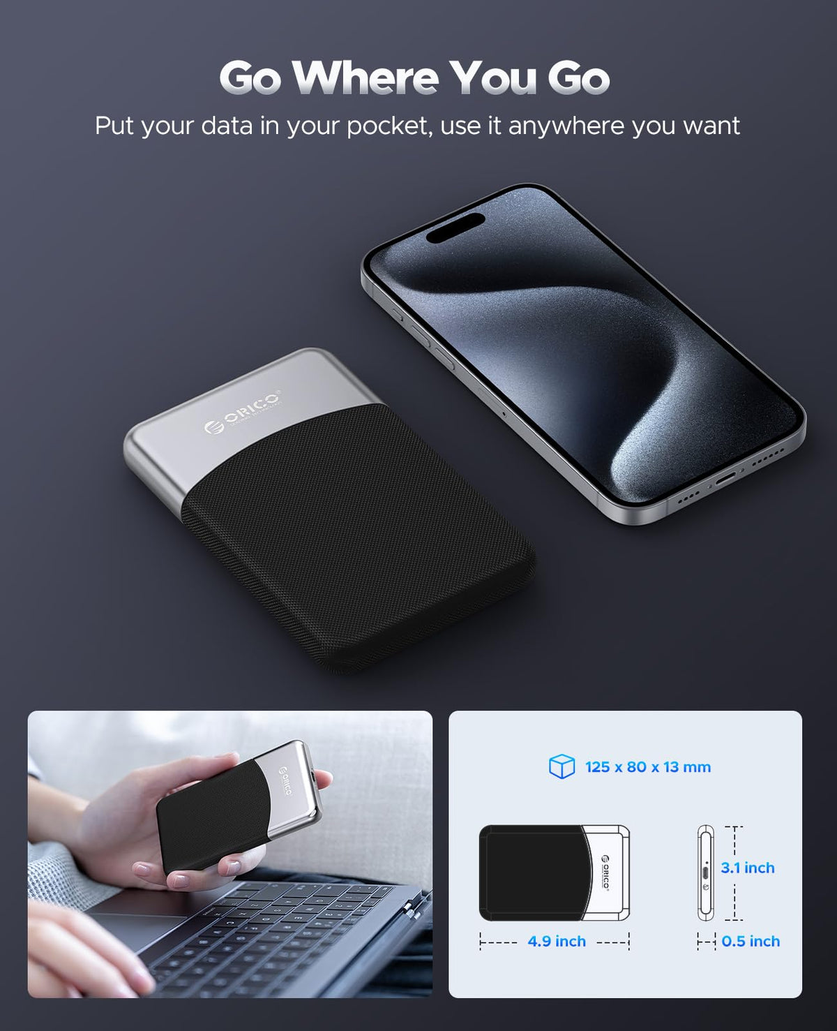 ORICO 512GB SSD externo con cable USB C 2 en 1, unidad de estado sólido portátil USB 3.2 Gen 1 hasta 460MB/s, resistencia al polvo y caídas, almacenamiento confiable para smartphone, PC, tableta
