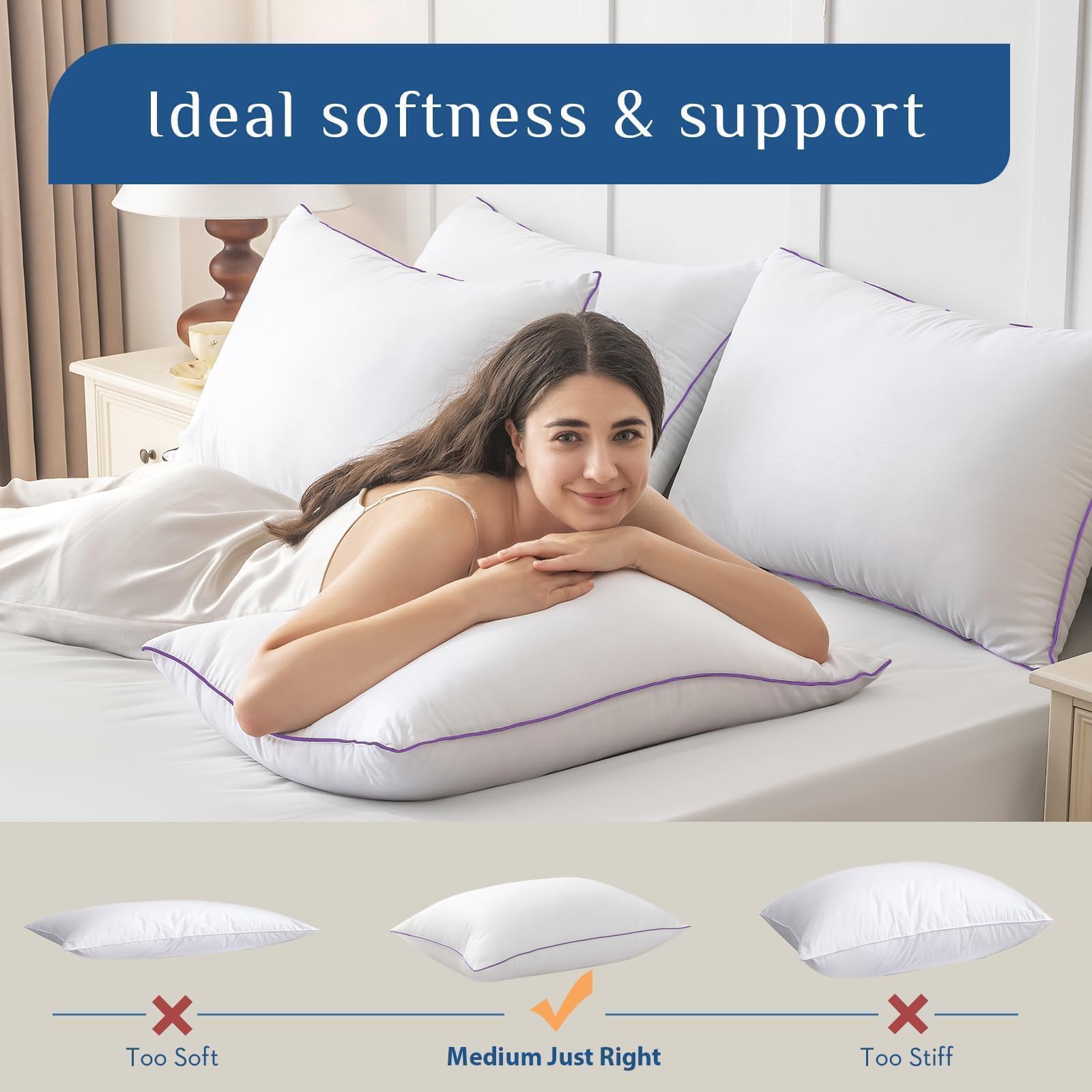 JOLLYVOGUE Almohadas de Cama Tamaño Estándar/Completo Juego de 4, Lavables y Firmes con Relleno Alternativo Extra Suave, Calidad Hotelera Lujosa y Esponjosa para Todo Tipo de Durmientes
