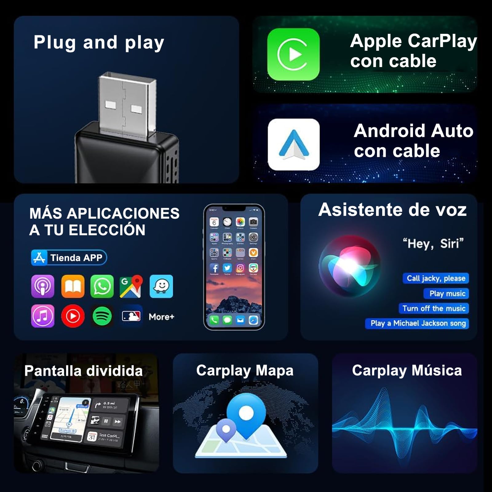 WZZLNDKS Adaptador Inalámbrico CarPlay con 5.8GHz WiFi, Adaptador Android Auto, Convierte CarPlay con Cable a Inalámbrico, Conexión Plug & Play, para iOS 10+, Android 11+, Connect Estable para Auto