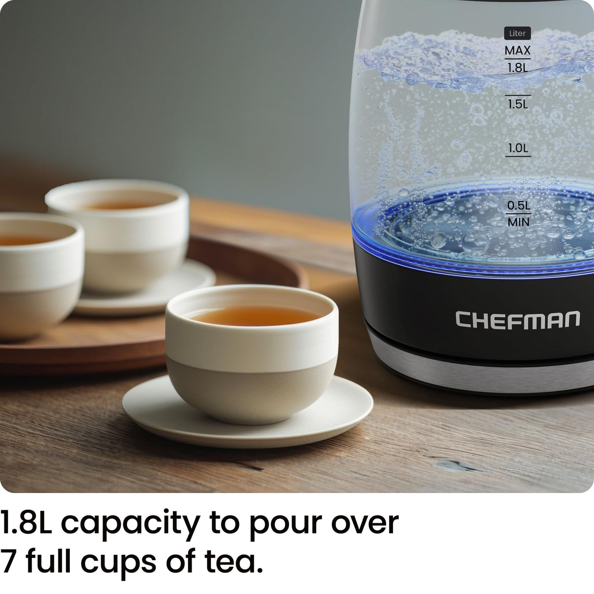 Chefman Hervidor eléctrico para agua hirviendo, 1.8L 1500W, agua caliente en 3 minutos, luces LED, apagado automático, protección de ebullición y secado, hervidor de té eléctrico de vidrio negro
