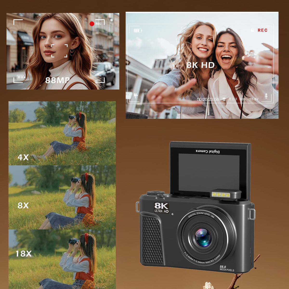 Zunate Cámara Digital de 8k para Fotografía, Cámara de Vlogging WiFi de 88MP, Cámara de Video de Enfoque Automático UHD 3in180 ° Pantalla con Zoom Digital 18x, No Incluye Tarjeta de Memoria.
