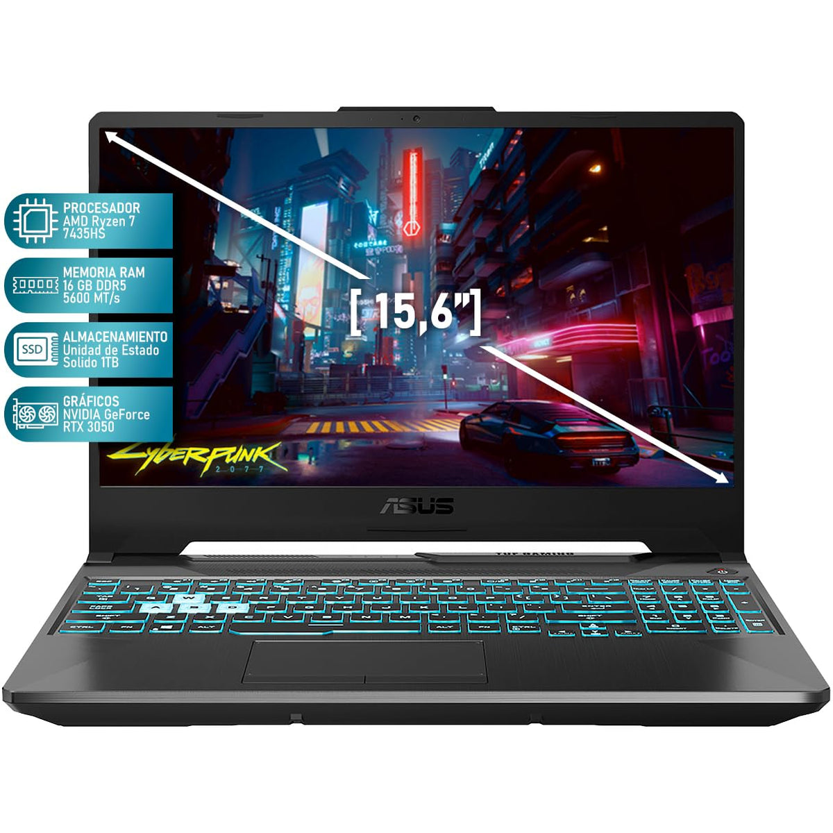 ASUS Laptop Gamer TUF Gaming A15 NVIDIA GeForce RTX 3050 AMD Ryzen 7 7435HS 16GB RAM 1TB SSD 15.6" Windows 11 Home Teclado en Ingles + Mouse DXT