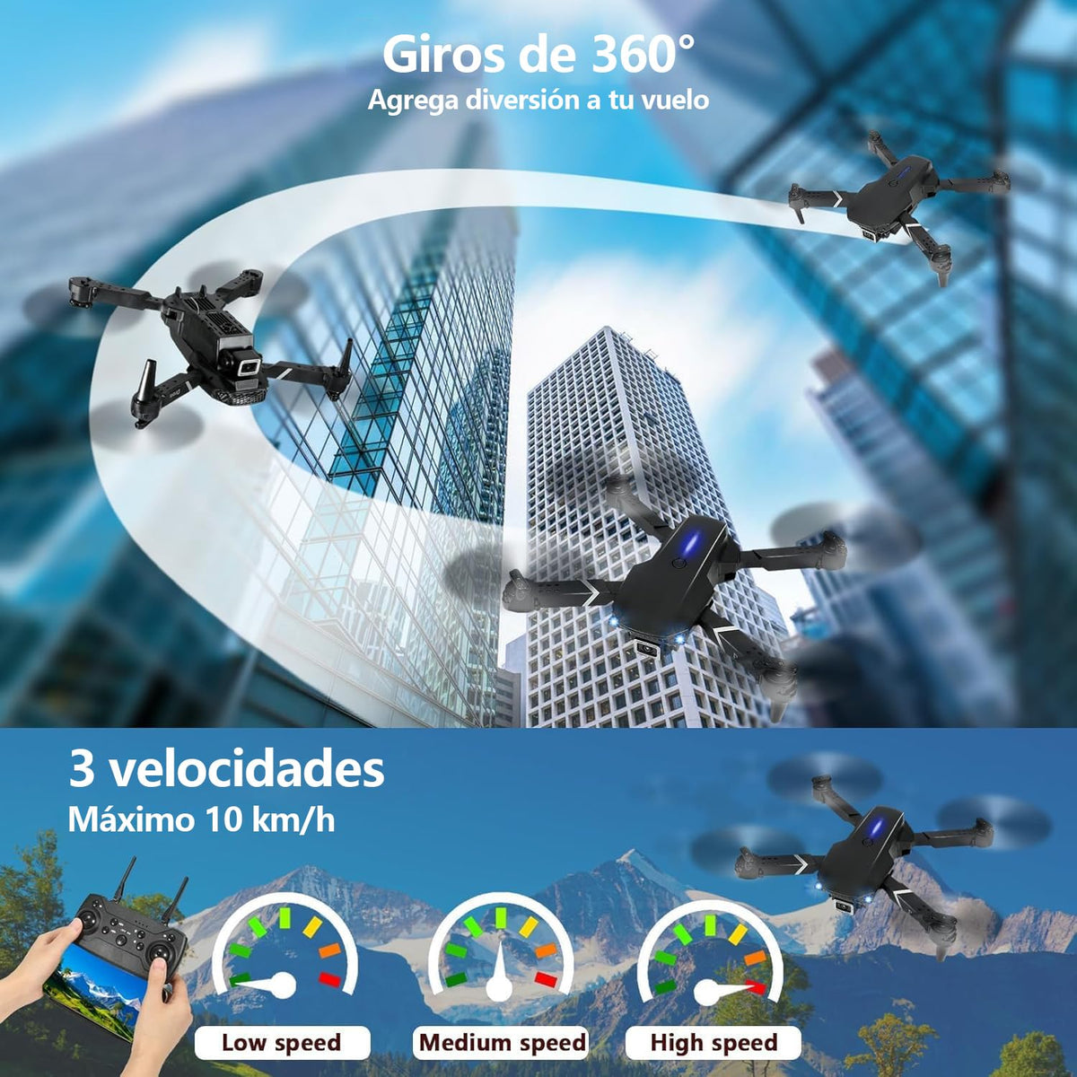 Dron con Cámara Dual, 360° Adjustable Eléctricamente Mini Drone para Principiantes, Drones con Cámara RC FPV WIFI 4k Cuadricóptero, Vuelo por Puntos de Referencia, Auto-Seguimiento, Giro 3D, Inicio con una Tecla, 3 Velocidades, 3 Baterías y Bolsa Portátil