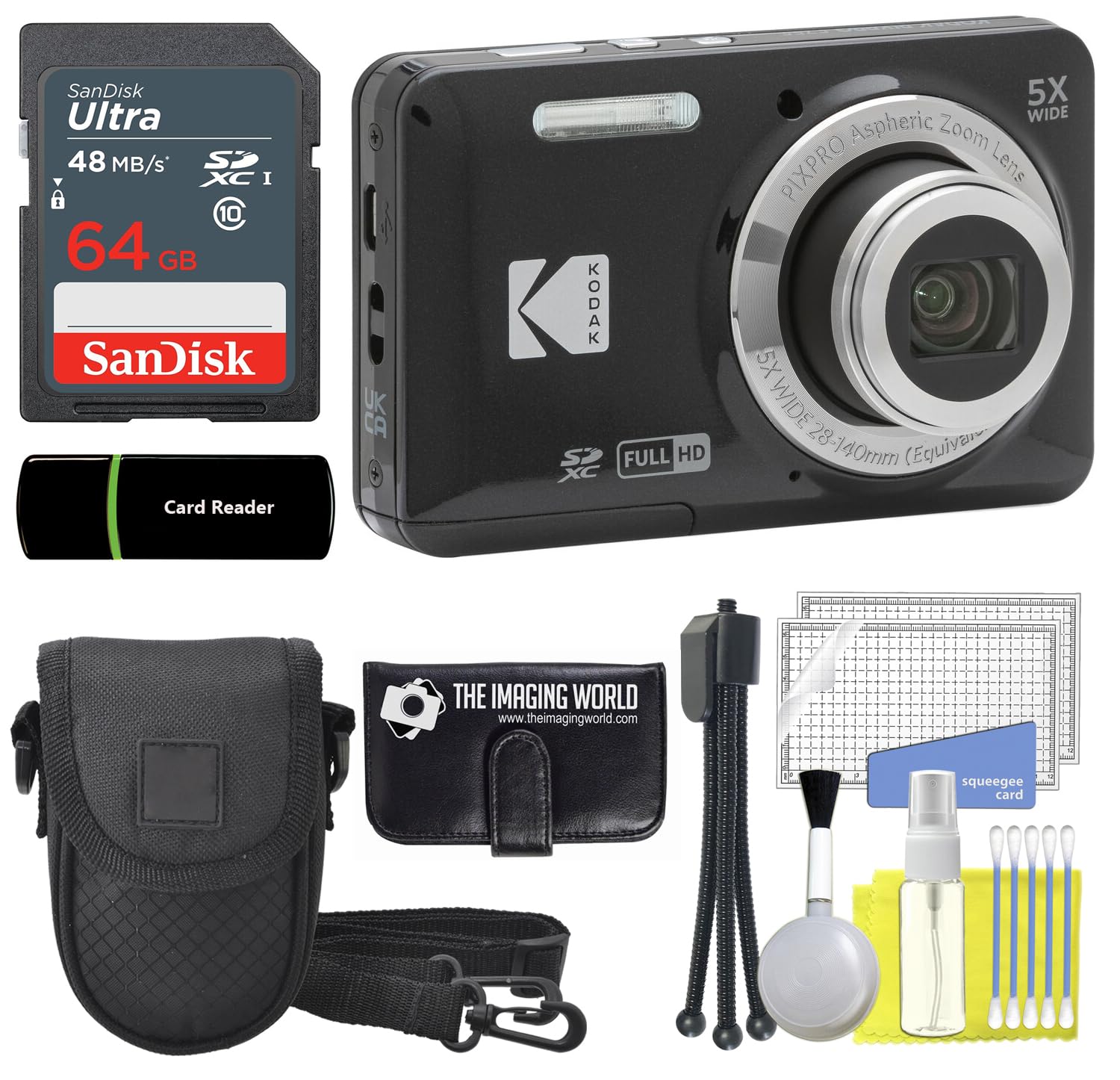 Kodak PIXPRO FZ55 - Cámara digital negra de 16 MP, zoom óptico de 5 x 28 mm, gran angular 1080P, cámara LCD Full HD de 2,7 pulgadas, tarjeta y lector de 64 GB, funda + portafolios de memoria + trípode