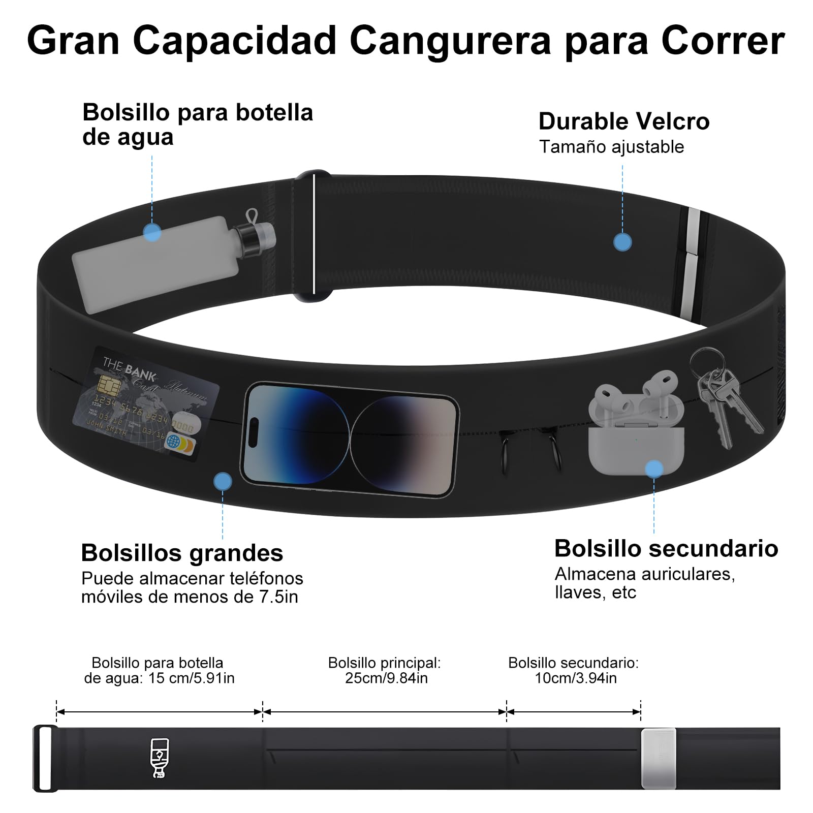 HONGHCL Cangurera para Correr con Botella de Agua 330ml - 2 Tallas Ajustables Cangurera Deportiva, Impermeable Riñonera para Correr, Gimnasio, Senderismo (M/L（Cintura 80-110cm）, Negro)