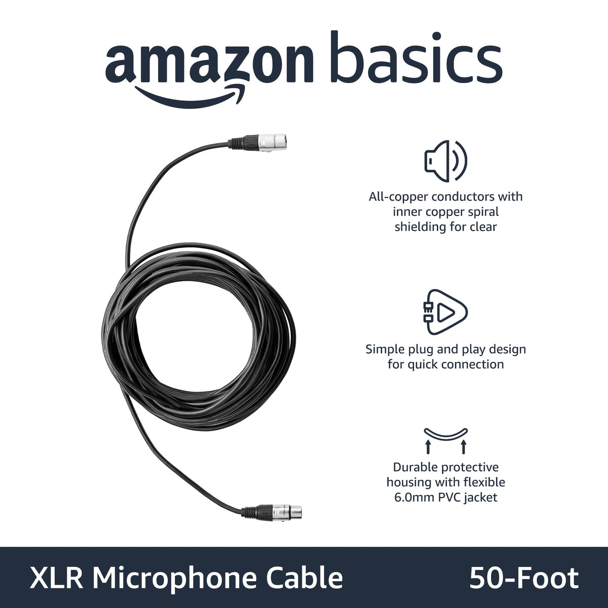 Amazon Basics - Cable de micrófono equilibrado XLR estándar macho a hembra, duradero y flexible, cancelación de ruido, 50 pies, negro