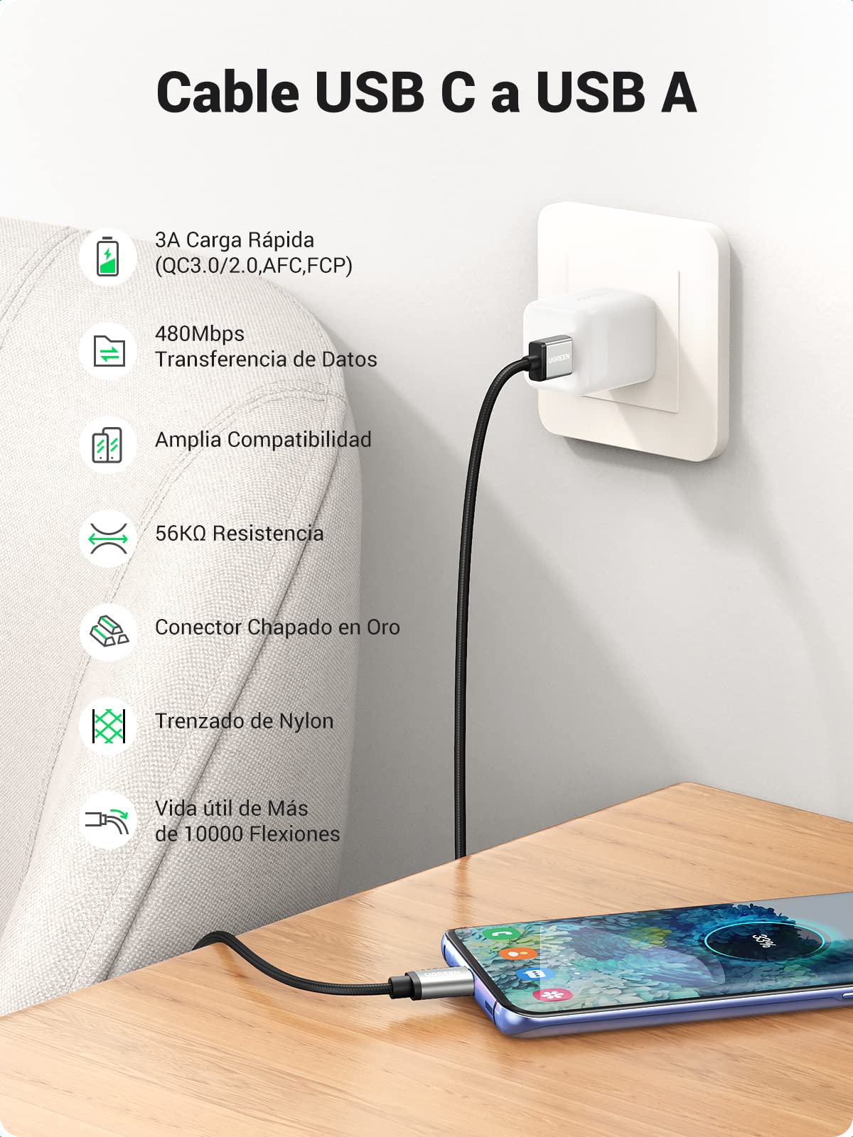 UGREEN Cable USB C, 1M Tipo C a USB A 2.0 Carga Rápida, Nylon Trenzado Compatible con iPhone 16 15 Pro Max Plus, Galaxy S25 S24 S23 S22, MacBook, LG