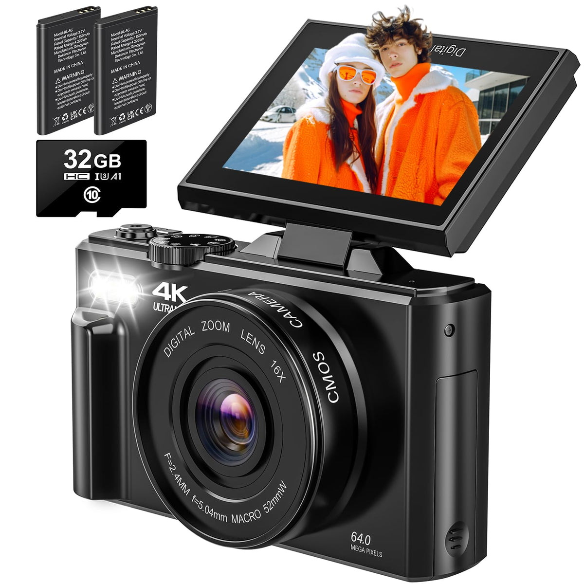 Cámara digital 4K – para fotografía, vlogging de 64MP para YouTube – Cámara de video de enfoque automático 3 pulgdas, 180° con zoom 18X, de viaje, compactas, con tarjeta SD de 32 GB, 2 baterías