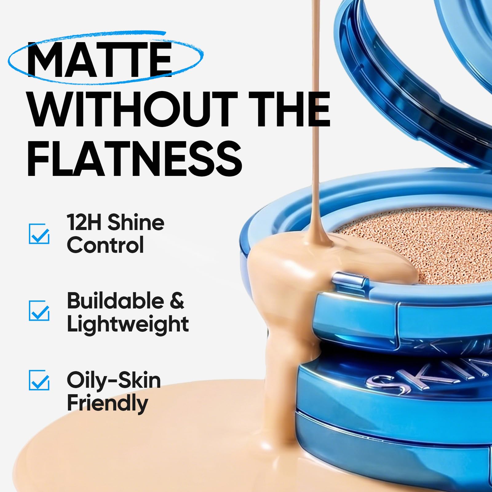 SKINTIFIC Base Cushion Velvet Matte, Polvo Ultra Cover Azul, Control de Grasa por 12 Horas, Ligera, de Larga Duración, Resistente al Agua, Maquillaje Coreano en Cushion, 04 Beige