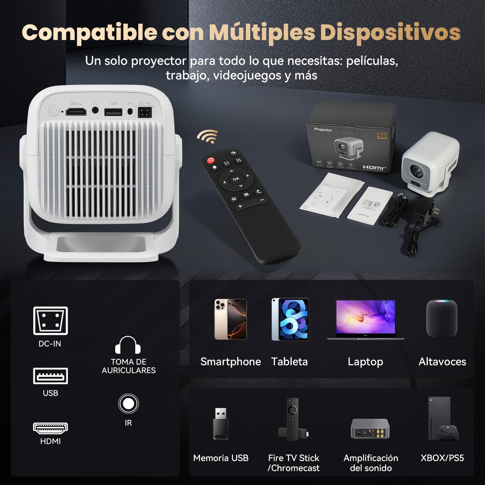 VUEKIME M3 Pro Proyector 4K Portátil, Nativo 1080P(Soporte 4K), 300 Pulgada