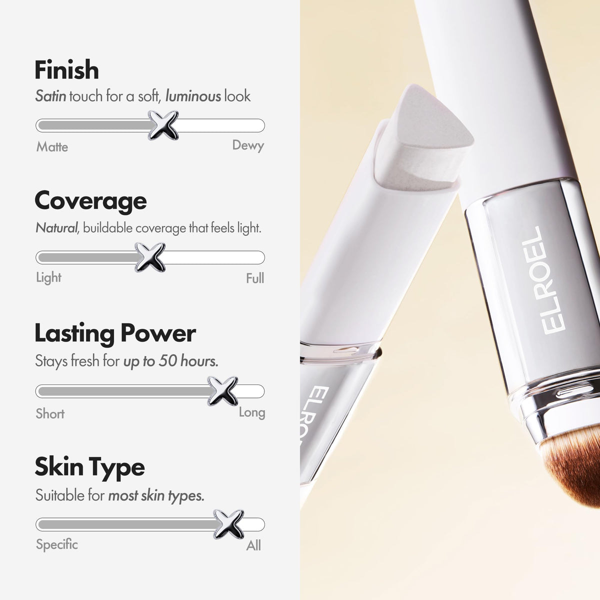 ELROEL BLANC Cover Cream Stick V – Base coreana que cambia de color con cepillo desmontable – Base de maquillaje de cobertura completa a media (203 medianas, 0.45 onzas)