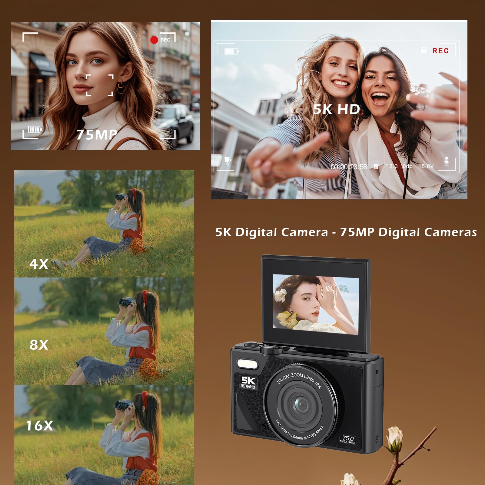 Zunate Cámara Digital Retro de 75MP, Cámara de Vlogging Vintage 5K UHD con Zoom de 18X, Enfoque Automático, Pantalla Abatible de 3 Pulgadas para Vlogging