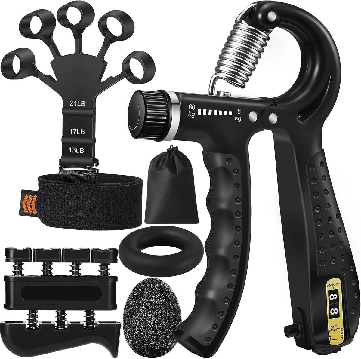 Fortalecedor de Agarre, 5 en 1 Ejercitador de Mano con Fortalecedor de Agarre de Mano,Pelota Antiestrés y Anillo de Entrenamiento de Antebrazo Para la recuperación y el fortalecimiento de las articulaciones de los dedos (Pack de 5)