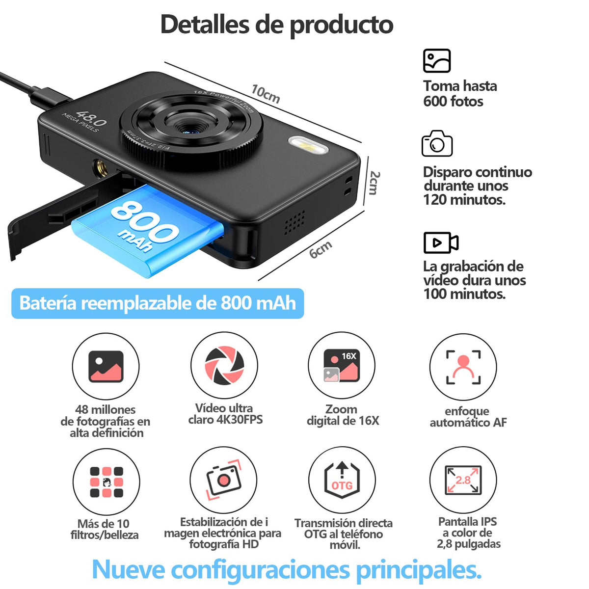 Cámara digital, cámara HD con zoom de 48MP, zoom digital de 16x, pantalla a color IPS de 2,8 pulgadas, antivibración, incluida tarjeta de memoria de 64 GB，transmisión directa OTG al teléfono móvil
