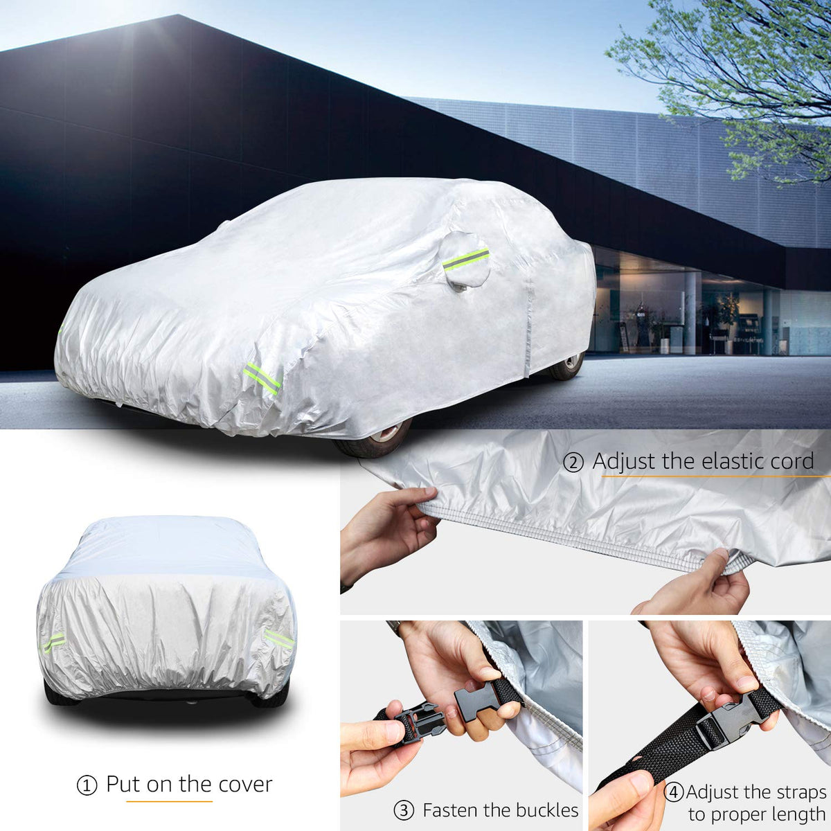 Amazon Basics Funda de Coche Plateada Resistente Intemperie Oxford 150D para Sedanes hasta 508 cm DS-CC10