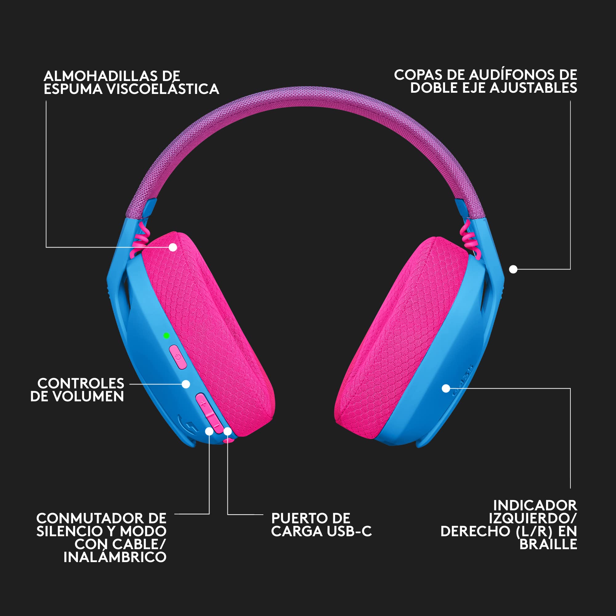 Logitech G435 Lightspeed Audífonos Inalámbricos Gaming Bluetooth - Ligeros, on-Ear, micrófonos Integrados, batería de 18 Horas, compatibles con Dolby Atmos, PC, PS4, PS5, Celular - Azul
