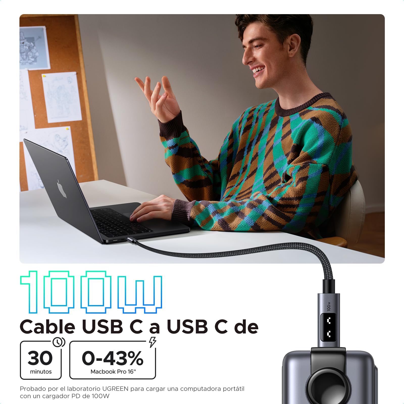 UGREEN UNO Cable USB C a USB C 100W (5A/20V) Tipo C PPS Carga Rápida PD 3.0 Pantalla Compatible con M4 MacBook Pro Air, iPad 2024, iPhone 16 15, Galaxy S25 S24 Ultra, Pixel 9 8 7, 2M, Negro
