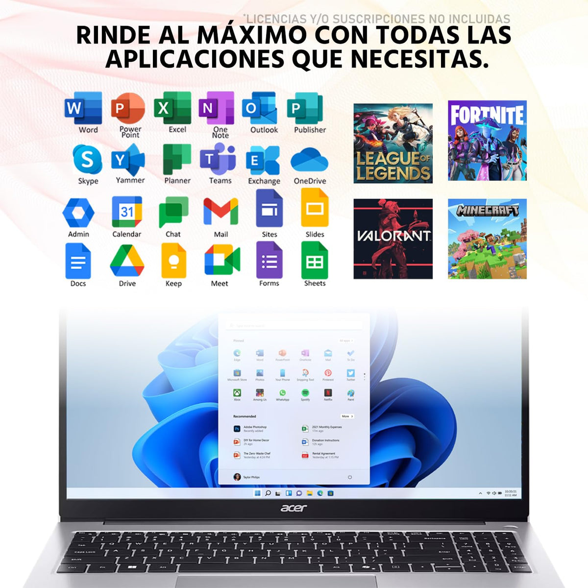 acer Laptop Aspire Lite 15 AMD Ryzen 7 5825U 32GB 1TB SSD 15.6” Full HD W11 Plata Teclado Español Mouse DXT Ideal para Trabajo y Multitarea