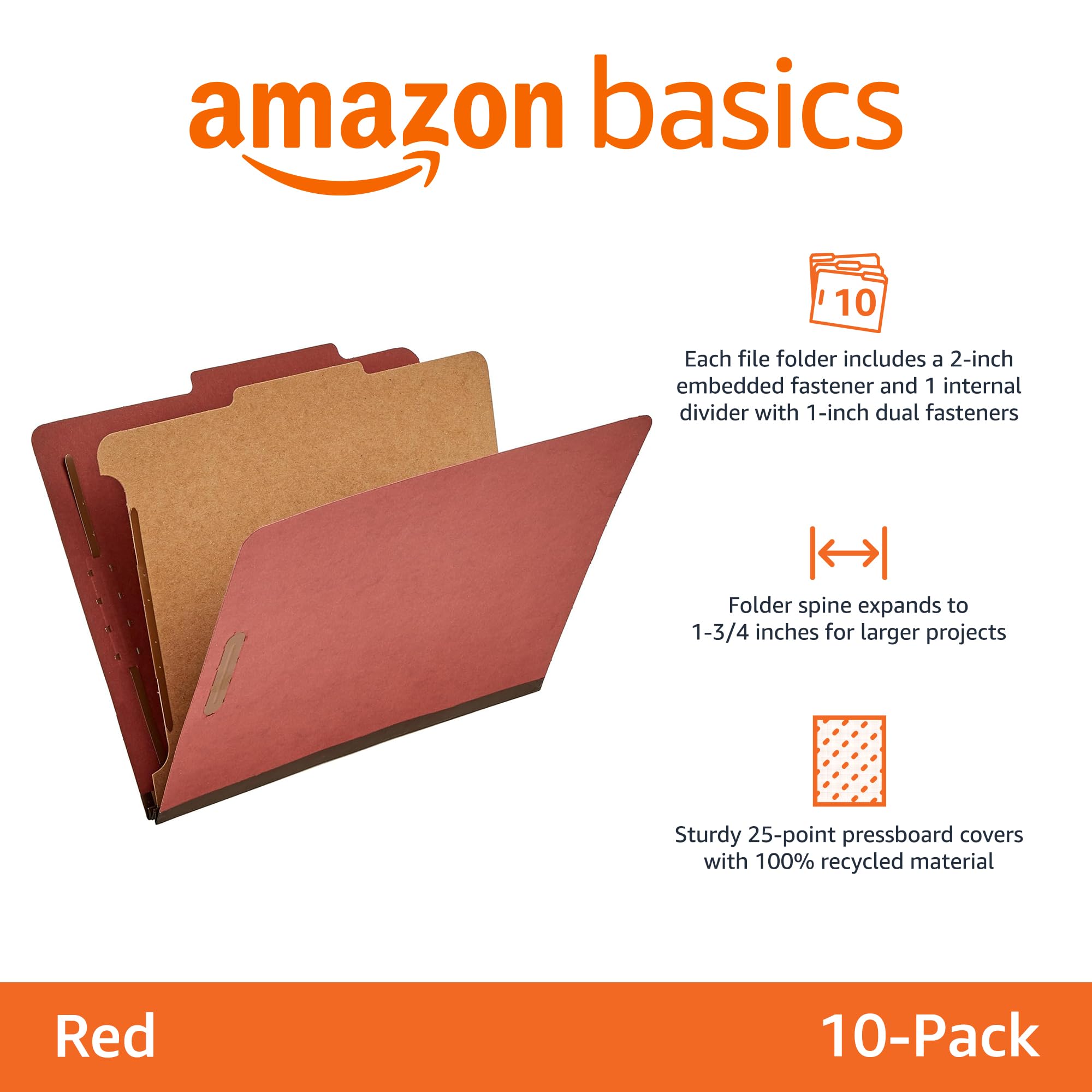 Amazon Basics Carpeta Clasificadora con Sujetadores, 100 % Reciclada, 1 Separador, Lomo Integrado de 5 cm, Tamaño Carta, Rojo, Paquete de 10