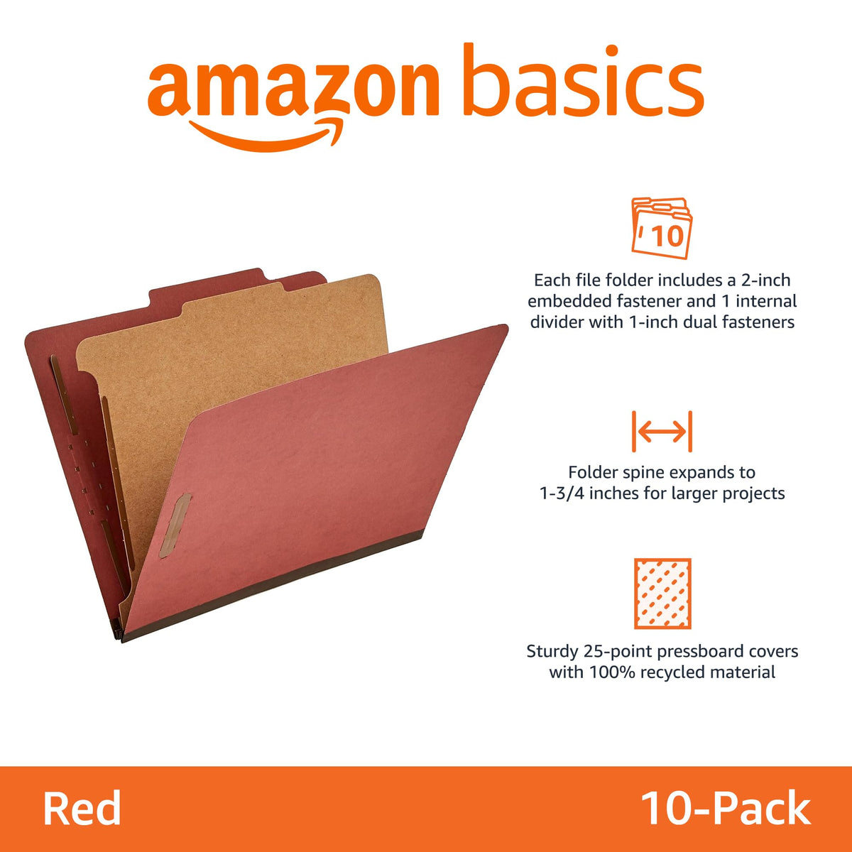 Amazon Basics Carpeta Clasificadora con Sujetadores, 100 % Reciclada, 1 Separador, Lomo Integrado de 5 cm, Tamaño Carta, Rojo, Paquete de 10