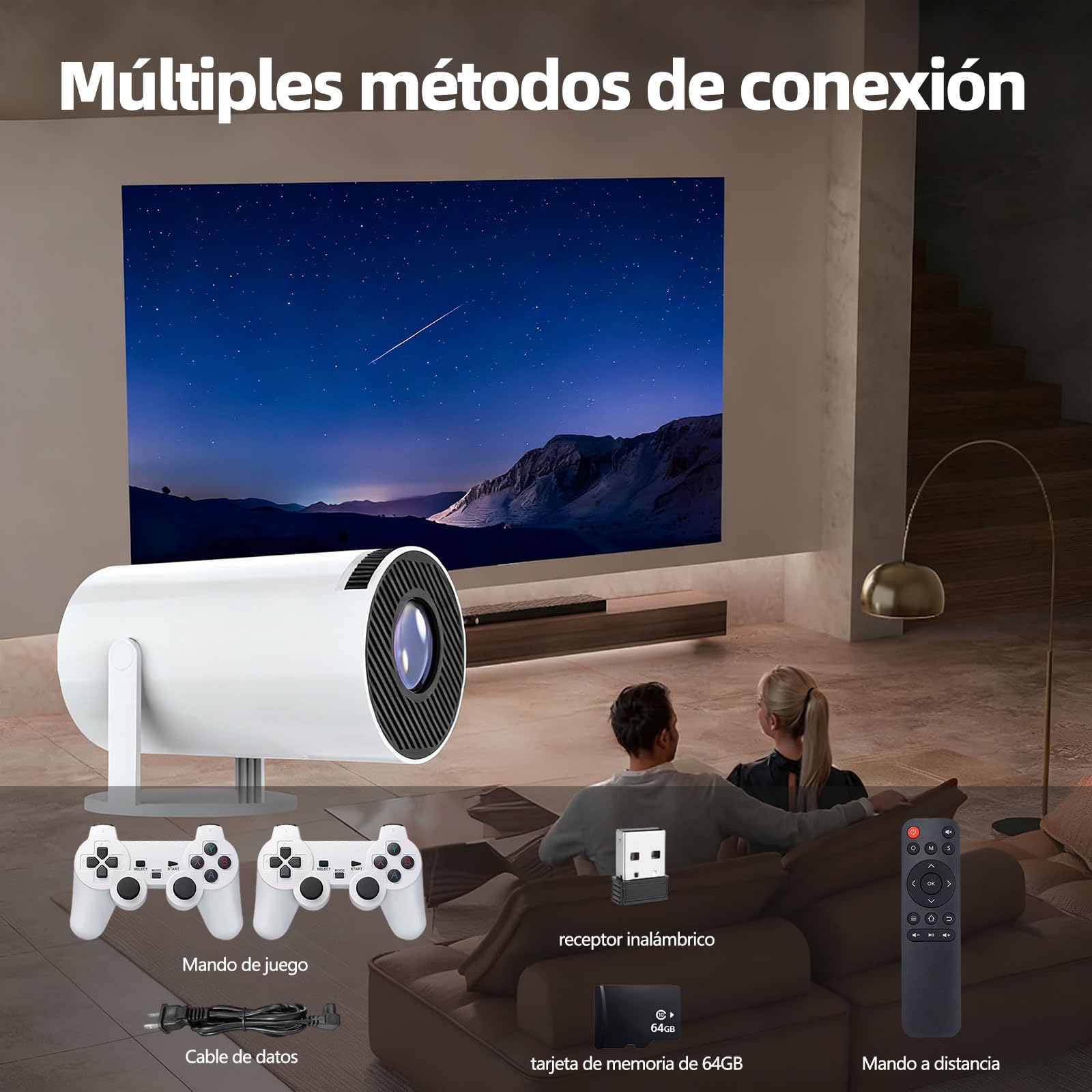 BOJOOM Mini Proyector Portátil 4K con 2 Mandos de Juego Inalámbricos, Tarjeta SD de 64GB con 2000+ Juegos y 14 Emuladores, Compatible con HDMI/USB/Smart TV/Phone, para Hogar/Fiesta/Exterior