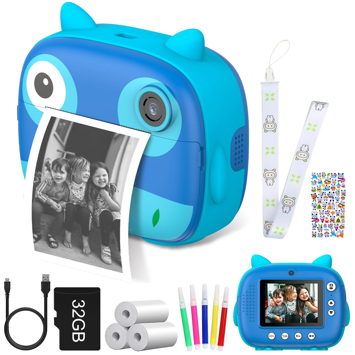Daconovo Linda cámara instantánea para niños de 2.5K Cámara digital para niños de 12MP Cámara de impresión instantánea para niños con pantalla IPS de 2.4 pulgadas Zoom digital de 10X filtros Grabadora