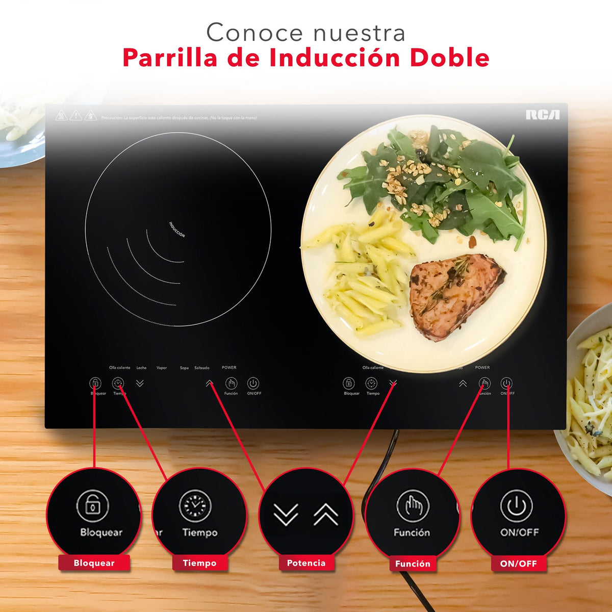 RCA Parrilla de Inducción Doble Quemador RC-12A4, Diseño Moderno y Elegante de Cristal Templado Negro, Controles Táctiles, Seguridad Avanzada, Bloqueo para Niños, Compacta y Potente, Fácil Limpieza.