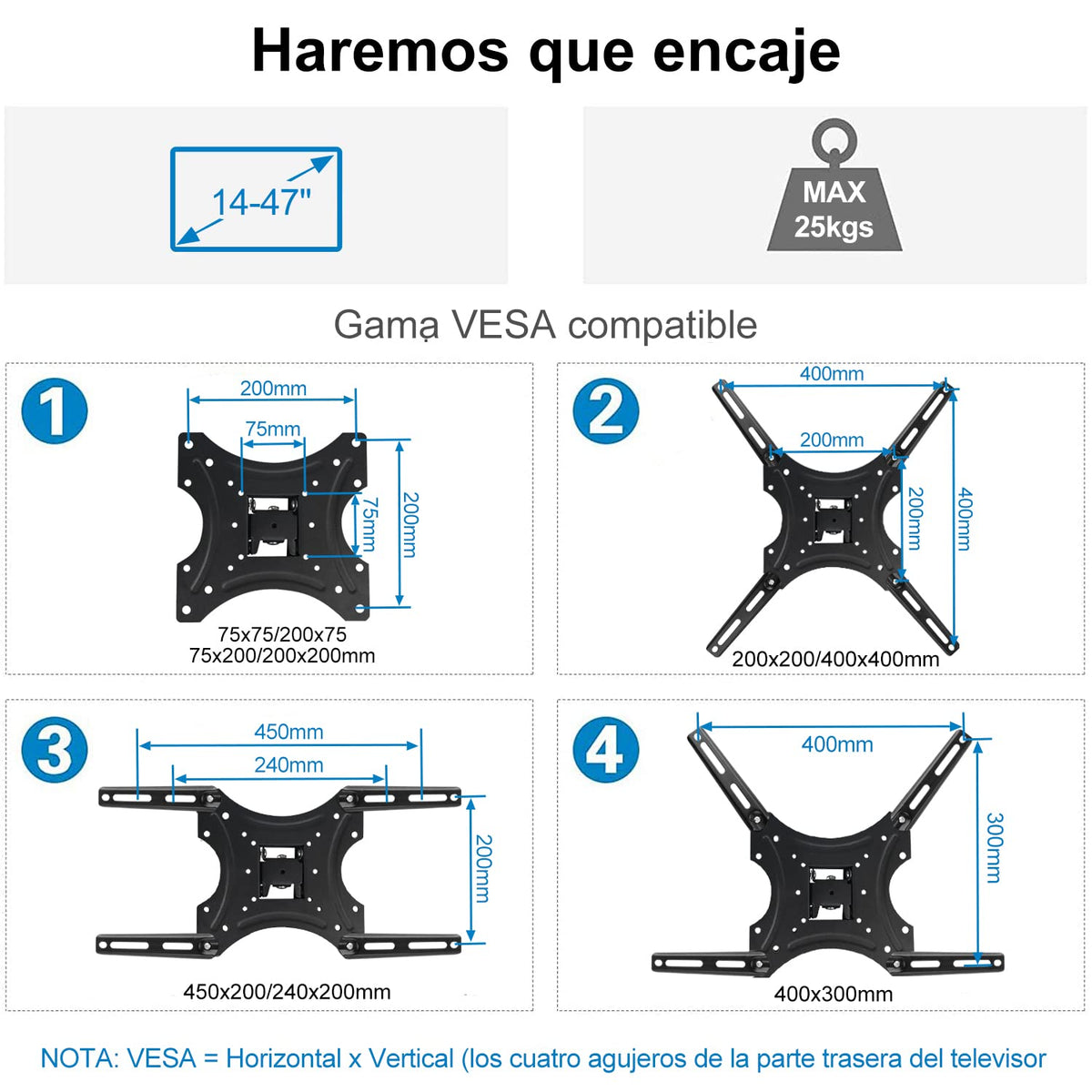 KAMYSEN 14" a 47" Soporte de TV ,Soporte de TV con Movilidad,3 Brazos Soporte de Pared para TV de Colgador,(VESA Máximo 400x400),Acero súper Reforzado para Pantallas de Cargas de 25kg, Pantallas LED, LCD, PDP y Smart TV