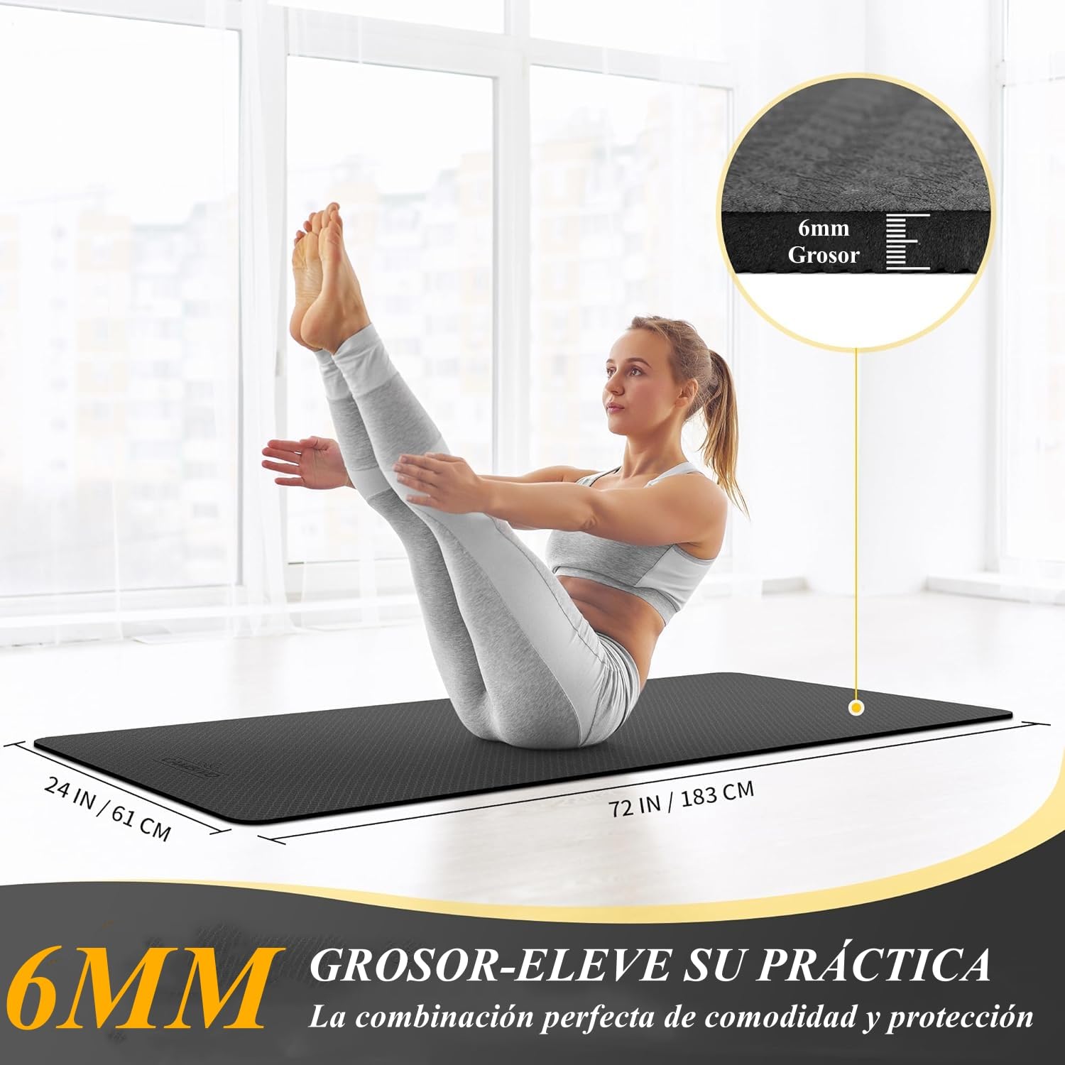 183 x 61CM Tapete de Yoga Antideslizante, Tapete para Ejercicio de Material TPE Ecológico, Portátil Esterilla para Yoga de 6mm Grosor, Tapete de Pilates Antiderrapante Grueso Mat de Ejercicio Gimnasio
