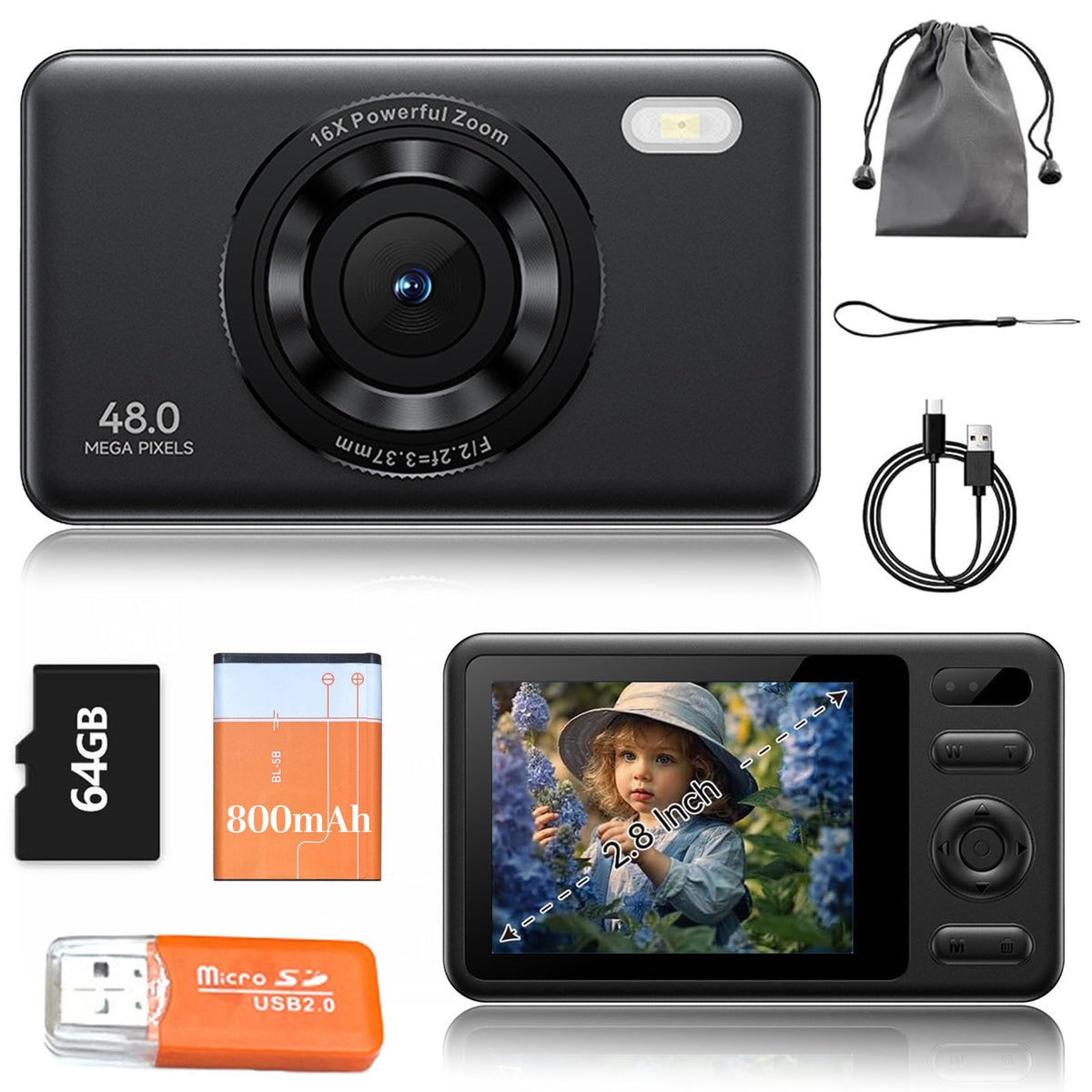 Cámara digital, cámara HD con zoom de 48MP, zoom digital de 16x, pantalla a color IPS de 2,8 pulgadas, antivibración, incluida tarjeta de memoria de 64 GB，transmisión directa OTG al teléfono móvil