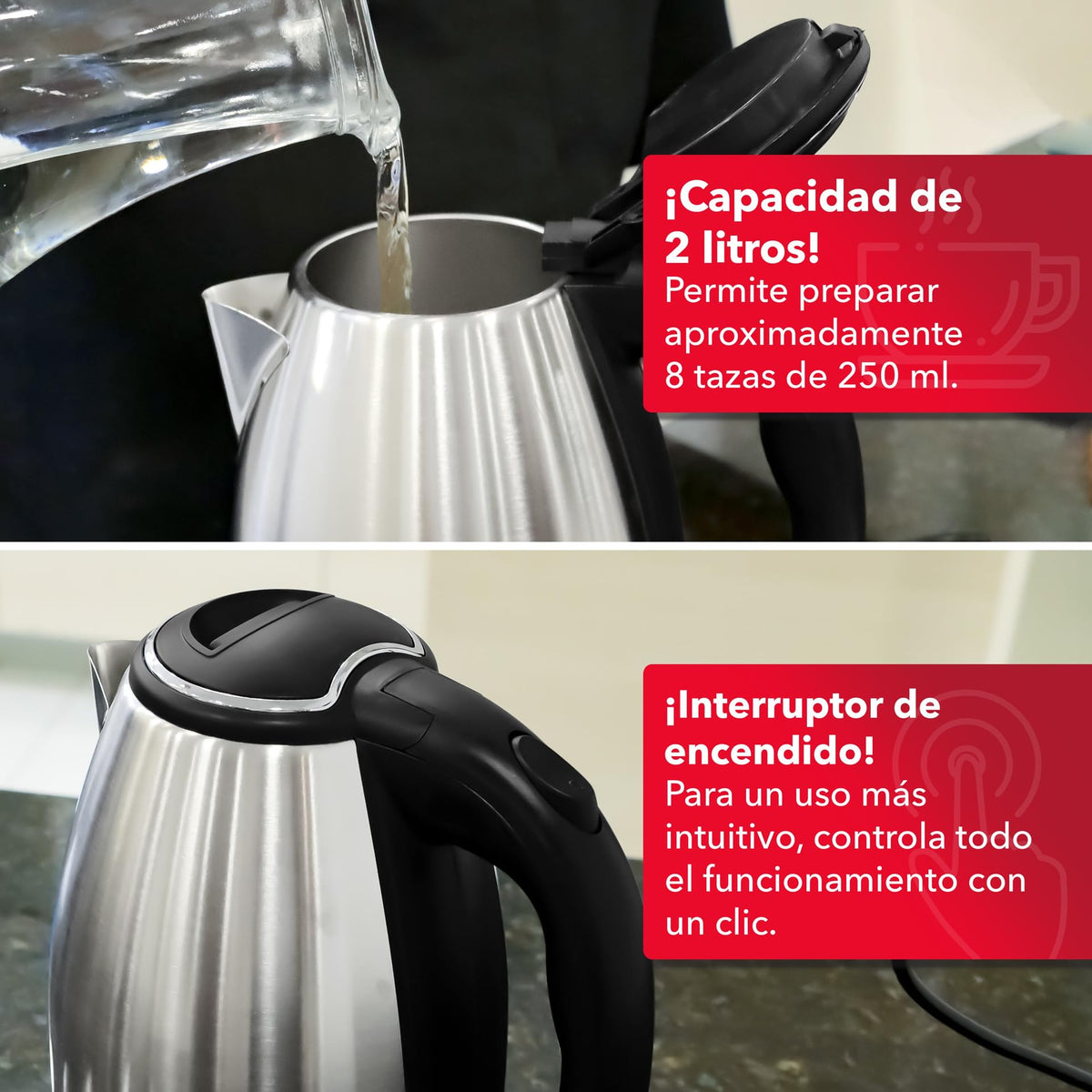 RCA Tetera Eléctrica RC-180GB01 de Acero Inoxidable, Capacidad de 1.8 Litros, Luz LED, Base Giratoria, Apagado Automático y Protección Contra Ebullición, Ideal para Té y Café, Diseño Elegante.