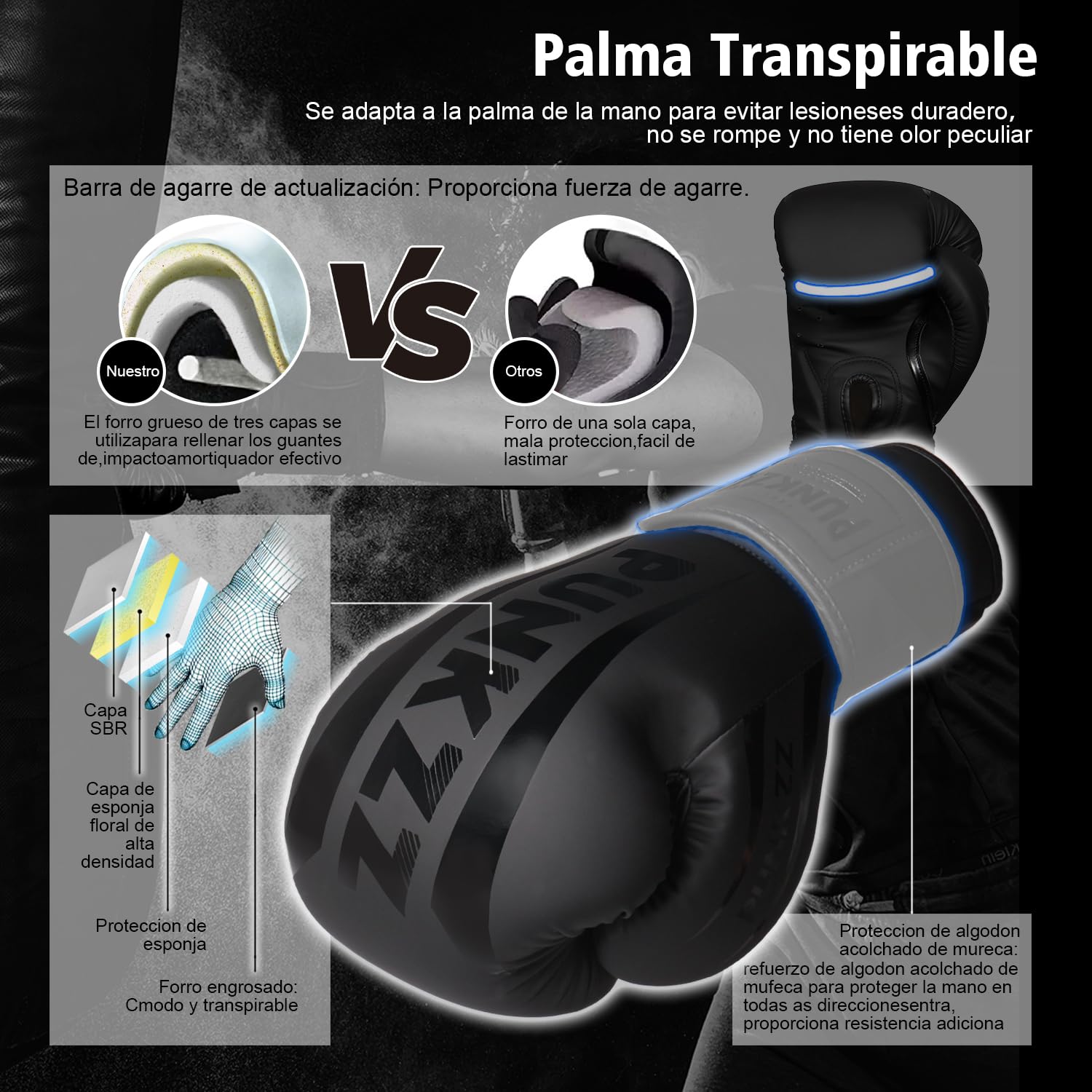 PUNKZZ Guantes de Boxeo 8-18oz,Guantes de Entrenamiento para Hombres y Mujeres, Protector Bucal Incluido, Absorción de Impactos, MMA (Negro, 12oz)